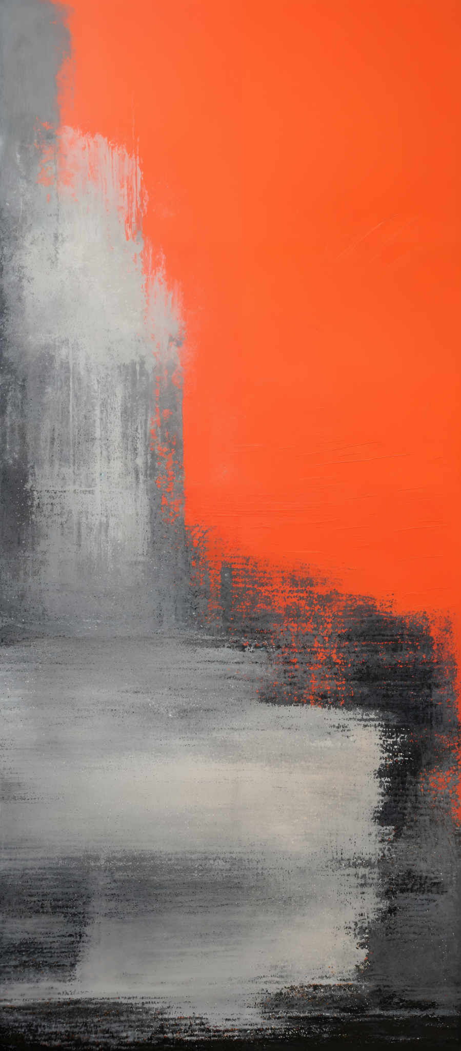 The image showcases an abstract painting with a predominant use of colors like gray, white, and a striking shade of orange. The top portion is dominated by a grayish hue, which gradually transitions into a vibrant orange towards the bottom. The middle section has a mix of white and gray, creating a sense of depth and texture. The bottom part is dark, possibly representing a horizon or a ground, with the orange hue reflecting on it.