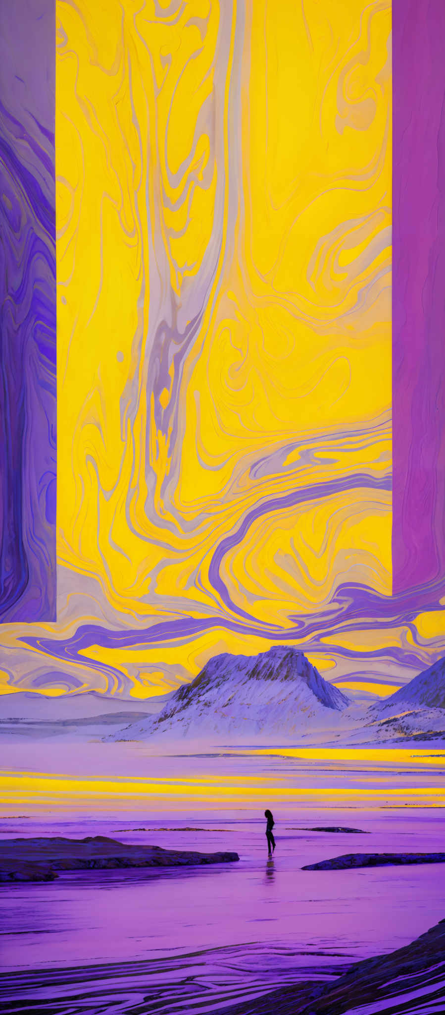 The image showcases a vibrant and abstract landscape. The dominant colors are shades of yellow, purple, and blue. The top section of the image has swirling patterns of yellow and purple that resemble fluid or marbled textures. The middle section presents a stark contrast with a solid purple rectangle. The bottom section depicts a serene landscape with a body of water reflecting the colors from the top. There's a solitary figure, possibly a person, walking on the water's edge, adding a sense of scale and solitude to the scene. In the distance, there are snow-covered mountains, adding depth and contrast to the warm colors of the foreground.