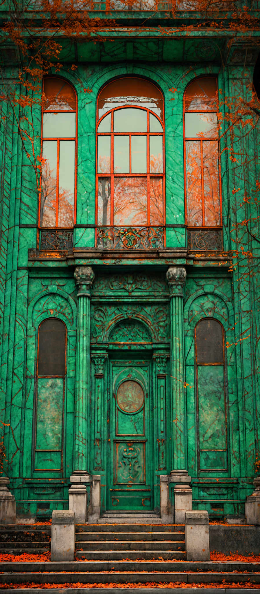 The image showcases a vibrant green facade of a building. The building features large arched windows with a reddish-orange frame. The door is intricately designed with a circular window at the top and ornate carvings below. The ground is covered with fallen autumn leaves, predominantly in shades of orange and red. The architecture suggests a classical or neoclassical style, with detailed carvements and a grand entrance.