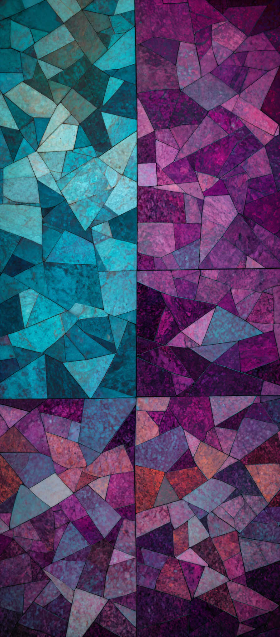 The image showcases a series of geometric patterns made up of triangles. The triangles vary in size and are filled with a variety of colors, including shades of blue, pink, purple, and orange. The patterns seem to be fragmented and overlap, creating a mosaic-like appearance. The colors transition smoothly from one shade to another, creating an almost iridescent effect.