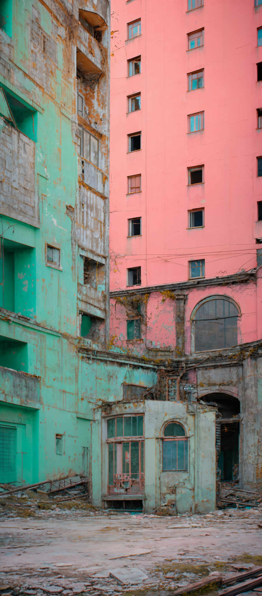 The image showcases a juxtaposition of two buildings. The left side of the image features a tall, multi-storied building painted in a vibrant shade of turquoise. It appears to be in a state of disrepair with visible wear and tear, peeling paint, and broken windows. Adjacent to this building, on the right, is a pink-colored structure with a similar state of decay. The ground between the two buildings is littered with debris, including broken bricks and metal. There's also a smaller, dilapidated structure in the foreground with a paneled door and a window.