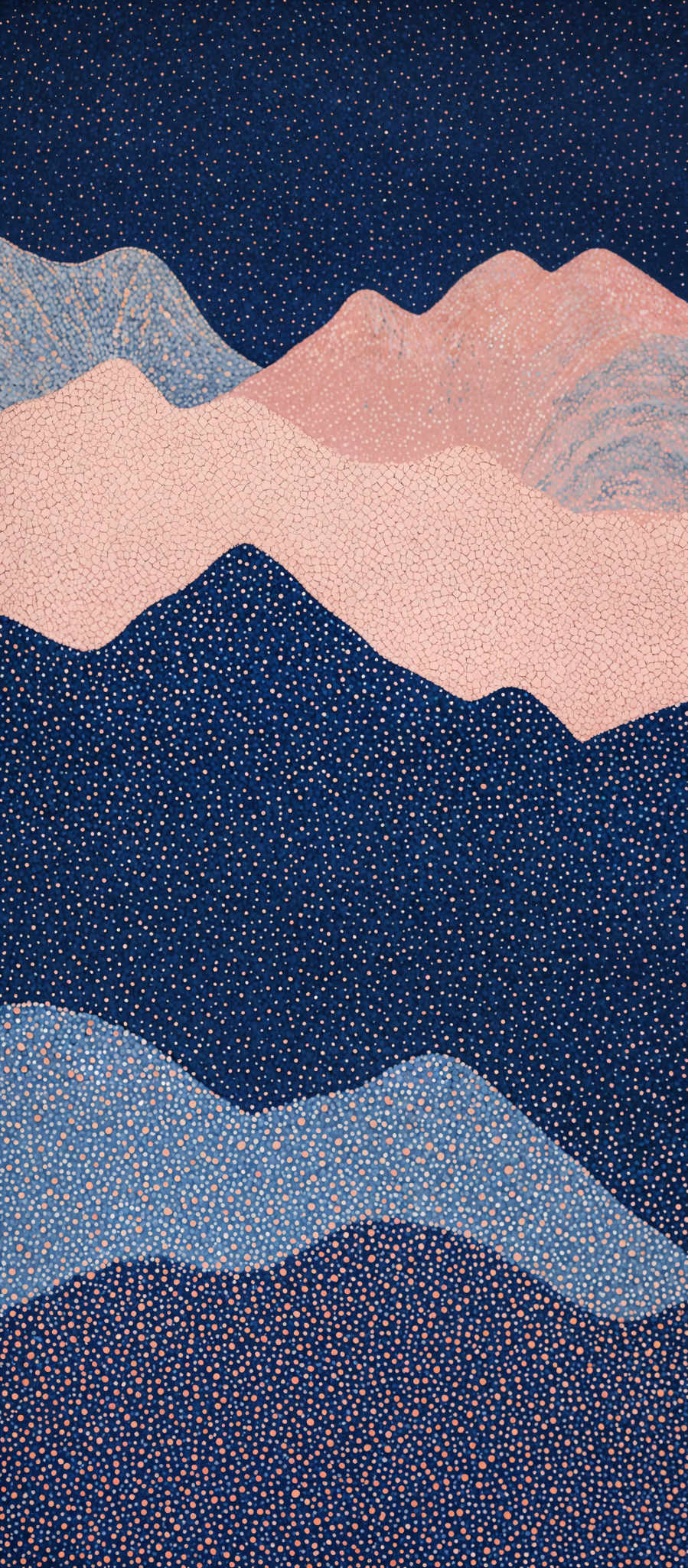 The image showcases a series of layered mountains or hills. The background is a deep blue, dotted with numerous small white speckles, possibly representing stars or snow. The middle layer is a lighter shade of blue with a speckled pattern, resembling a night sky. The foreground is a darker shade, also speckle-patterned, and it transitions into a peach or light pink hue, representing the sunset or sunrise glow on the mountains.