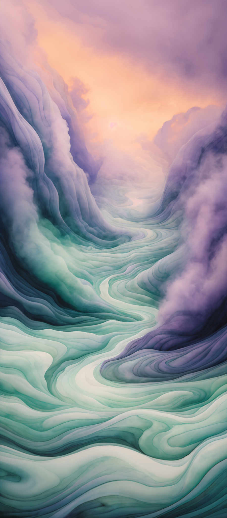 The image showcases a surreal landscape with wavy, undulating patterns that resemble flowing water or clouds. The dominant colors are shades of purple, blue, and green, creating a dreamy and ethereal atmosphere. The wavy patterns are intricately detailed, giving the impression of a dynamic and ever-changing environment. The top portion of the image has a gradient of purples and blues, suggesting a sky or atmospheric perspective, while the bottom reveals a brighter green, hinting at a body of water or a lush valley.