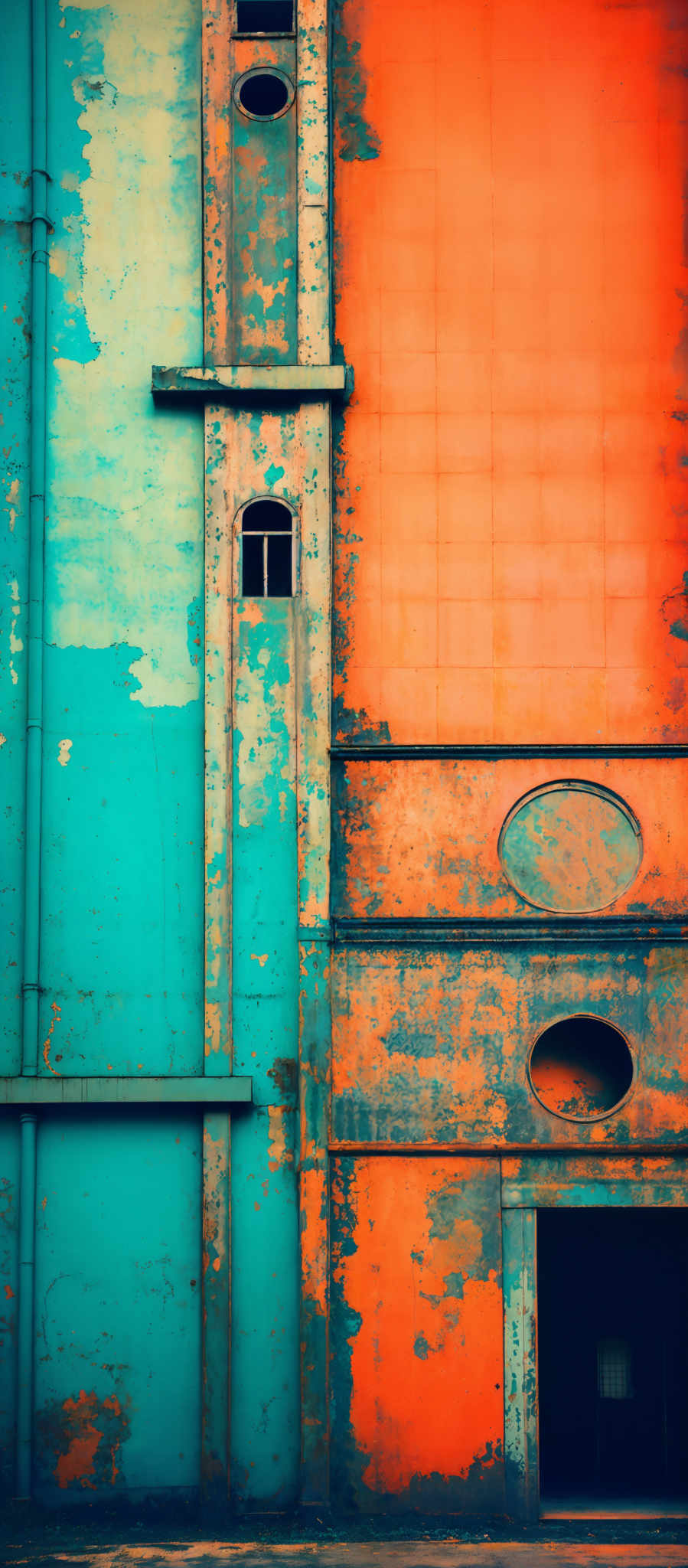 The image showcases a building with a vibrant and contrasting color palette. The dominant colors are turquoise and orange. The turquoisie wall has a weathered appearance with patches of paint peeling off, revealing the underlying structure. There are two oval-shaped windows on the turquoiise wall, and a doorway with an oval frame on the adjacent orange wall. The orange wall is relatively cleaner, but it too has signs of wear and tear. The ground appears to be made of concrete, and there's a small puddle of water near the bottom of the image, suggesting recent rainfall or a leak.