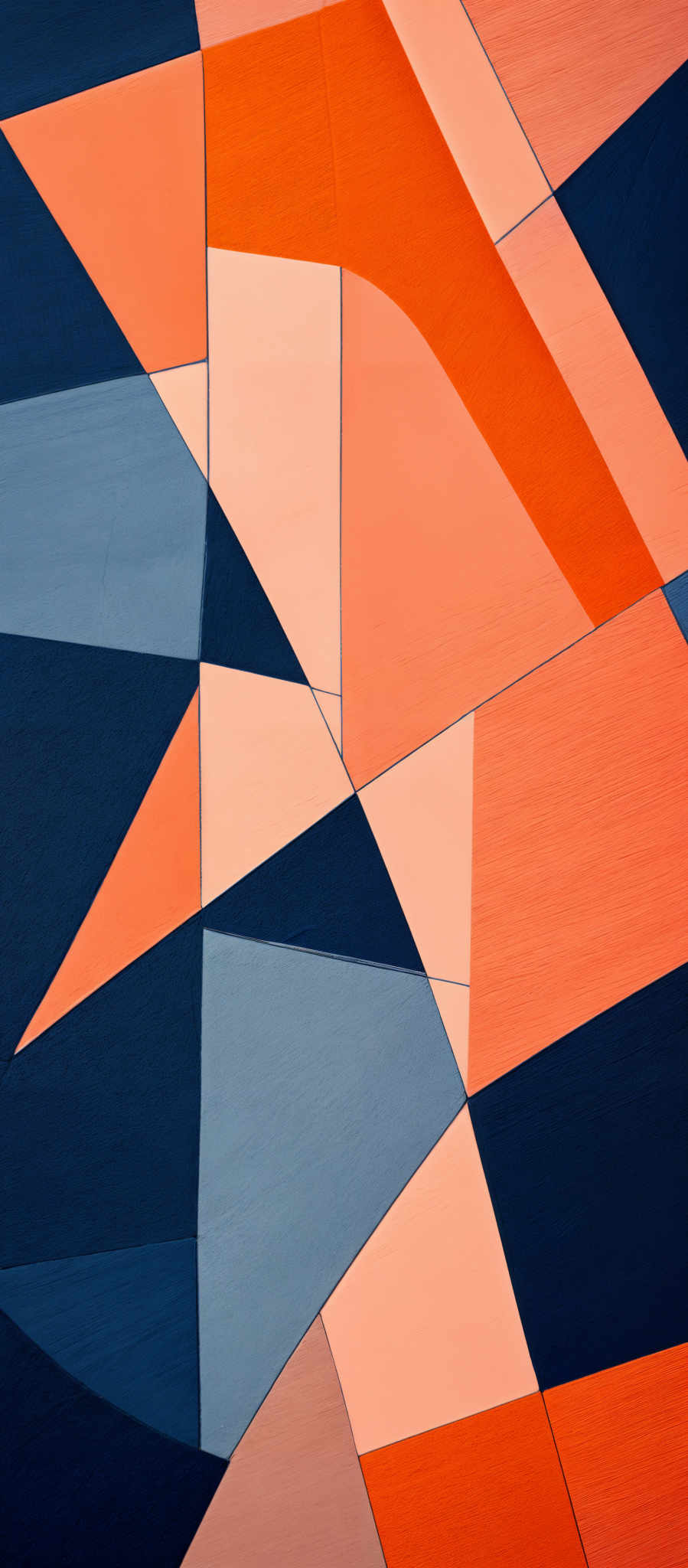 The image showcases an abstract geometric composition. It features a variety of shapes, including triangles and rectangles, in a plethora of colors such as blue, orange, peach, and gray. The overlapping and intersecting of these shapes create a dynamic and visually engaging pattern.