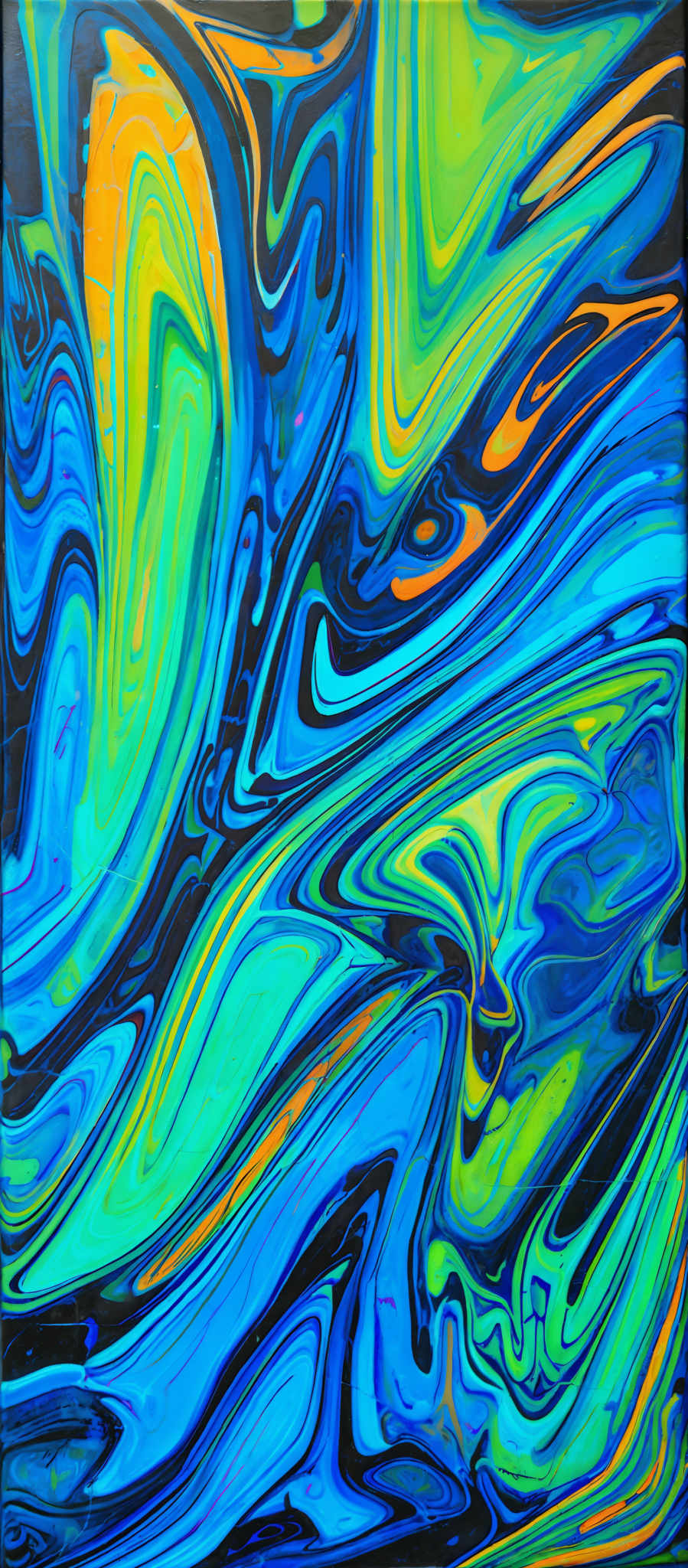 The image showcases a vibrant and dynamic abstract painting. It predominantly features swirling patterns of blue, green, and yellow against a black background. The shapes are fluid and wavy, resembling waves or liquid in motion. The interplay of colors creates a mesmerizing effect, with the bright yellows and blues contrasting against the darker background, giving the artwork a sense of depth and movement.