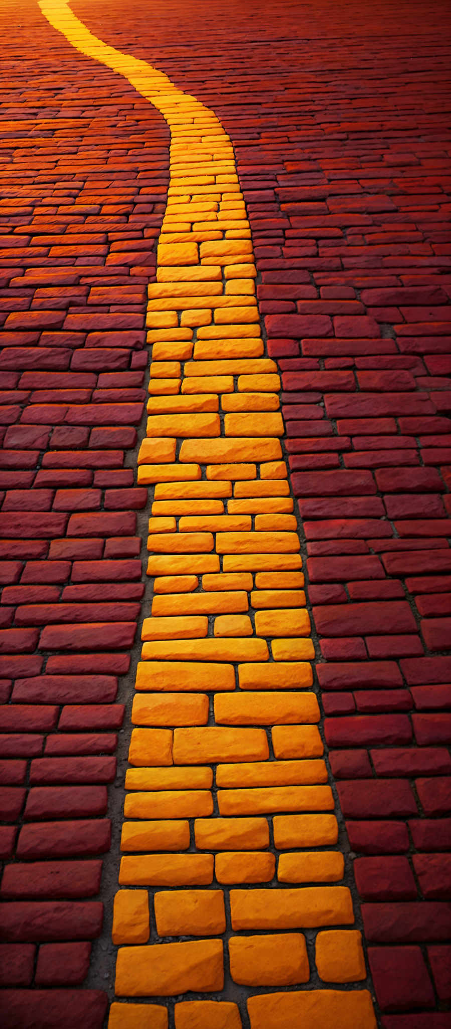 The image showcases a pathway made up of brick-like tiles. The tiles are arranged in a pattern, with most of them being a deep reddish-brown color. However, there's a distinct pathway that runs through the tiles, which is made up entirely of bright yellow bricks. This yellow pathway contrasts sharply with the surrounding tiles and appears to lead towards a distant horizon.