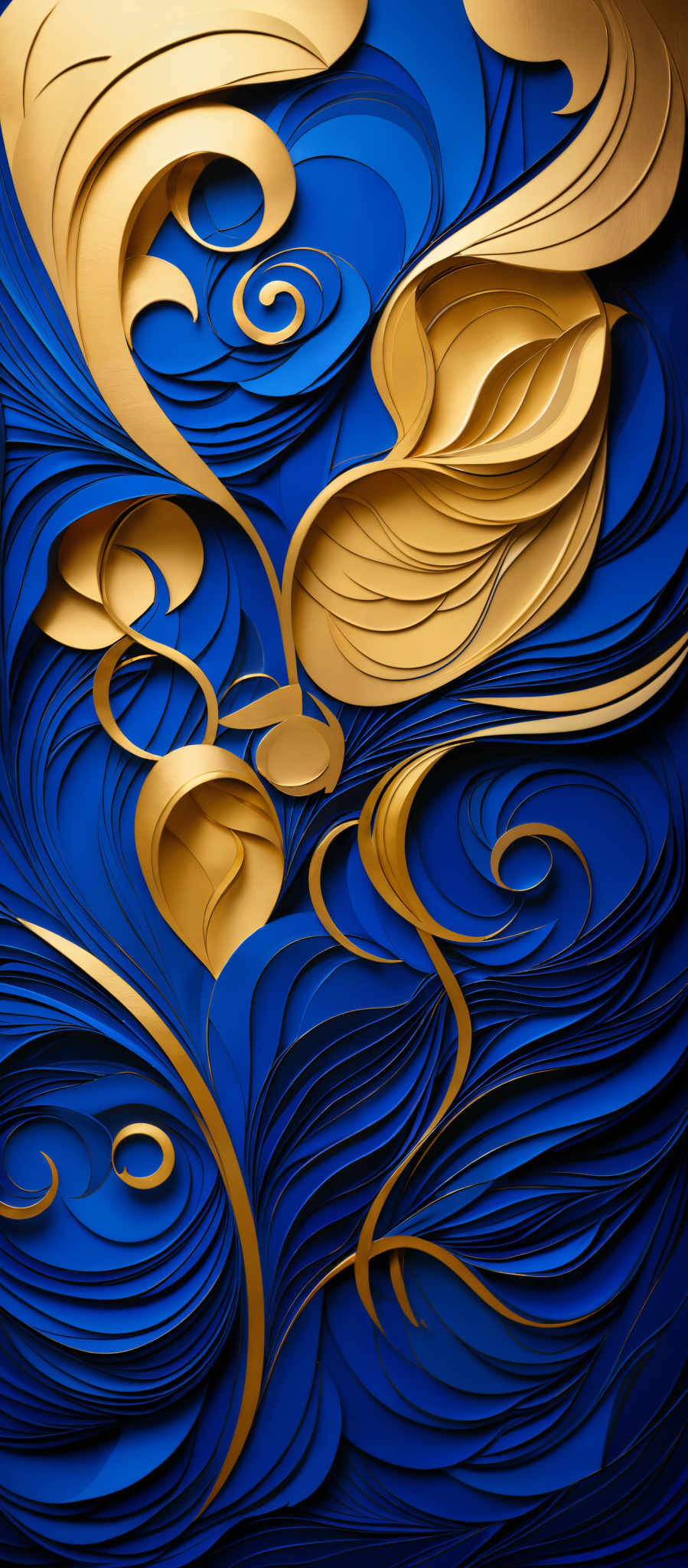 The image showcases a vibrant and intricate design. It predominantly features two main colors: deep blue and gold. The blue forms the background, with swirling patterns that give an impression of fluidity and movement. The gold, on the other hand, is used to create ornate, curved shapes that intertwine with the blue patterns. These gold shapes appear to be organic and fluid, almost as if they are emerging from the blue background. The overall effect is one of harmony and balance, with the gold accents adding a touch of elegance and sophistication to the blue backdrop.