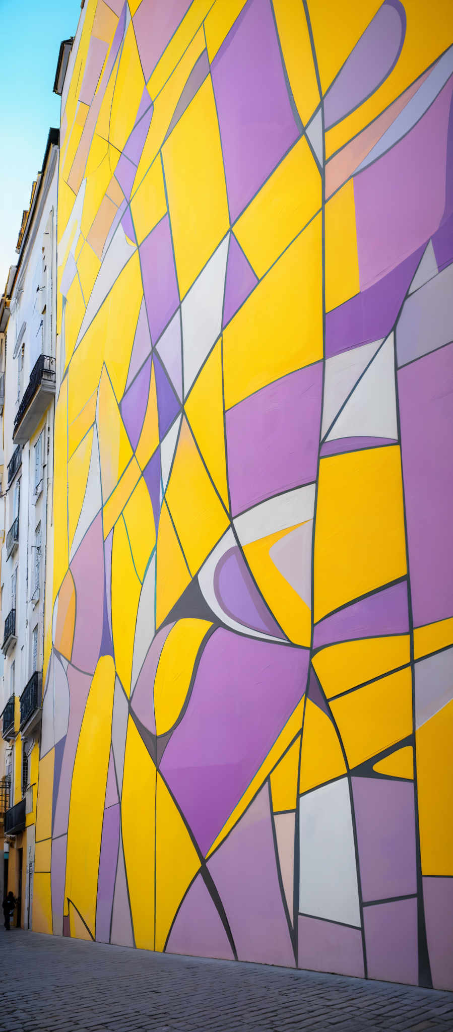 The image showcases a large, vibrant mural on a building's exterior. The mural is dominated by bold, geometric shapes and a vivid color palette. The predominant colors are shades of yellow, purple, and white. The shapes are reminiscent of abstract art, with overlapping and interlocking forms. The design appears to be inspired by cubism, with fragmented and reassembled forms.