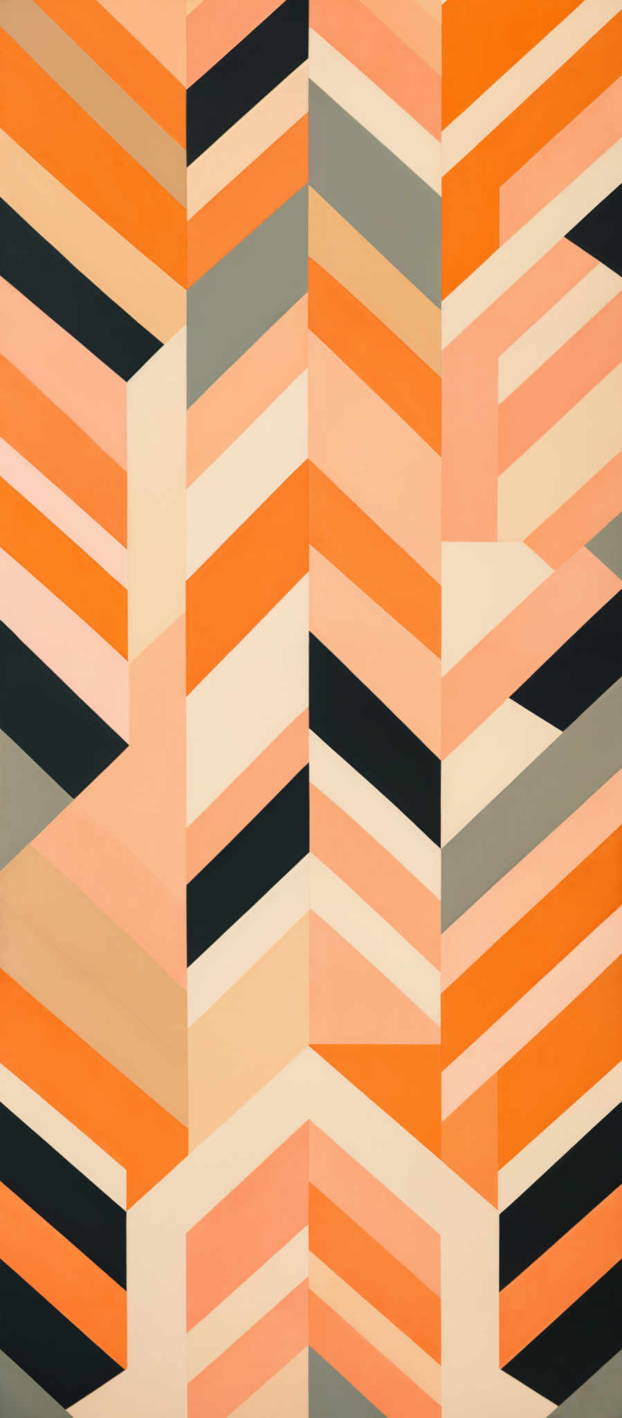 The image showcases an abstract geometric pattern. It consists of interlocking and overlapping rectangular and triangular shapes in various shades of orange, beige, black, and white. The design appears to be symmetrical, with a central vertical axis dividing the pattern into two mirror images. The repetitive use of these shapes creates a rhythmic and visually pleasing effect.