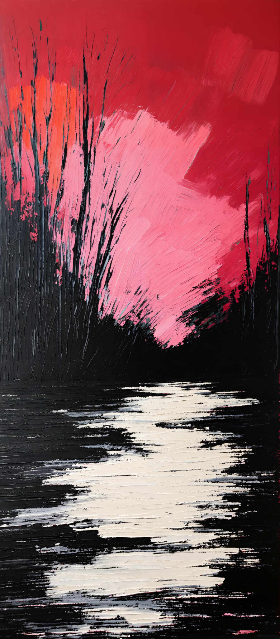 The image showcases a vivid landscape painting. The dominant colors are shades of red, pink, black, and white. The sky is painted in a gradient of red and pink hues, suggesting either a sunrise or sunset. Bare, black trees with slender branches stand tall on the left side, their silhouettes contrasting against the bright backdrop. A white, winding path or river runs through the center, reflecting the colors of the sky. The foreground is dominated by dark, textured brush strokes, possibly representing water or a wetland.