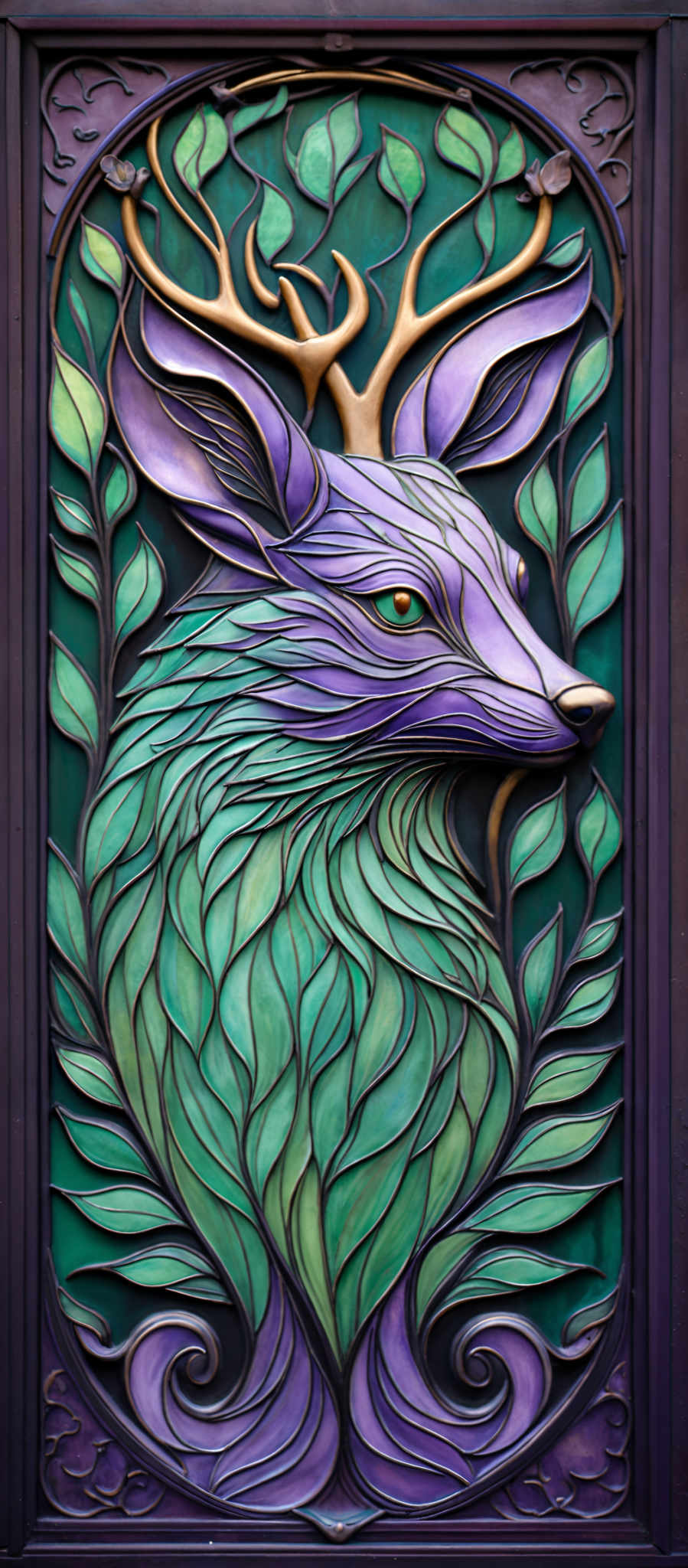 The image showcases a beautifully crafted panel with intricate designs. The dominant colors are shades of green, purple, and gold. The central figure is a majestic deer with large antlers, depicted in a mix of purple and green hues. The deer's eyes are a striking gold, and its mane is a vibrant green, flowing like waves. Surrounding the deer are ornate patterns of leaves in varying shades, intertwined with gold branches. The entire panel is framed by a dark, almost black, border with gold accents.