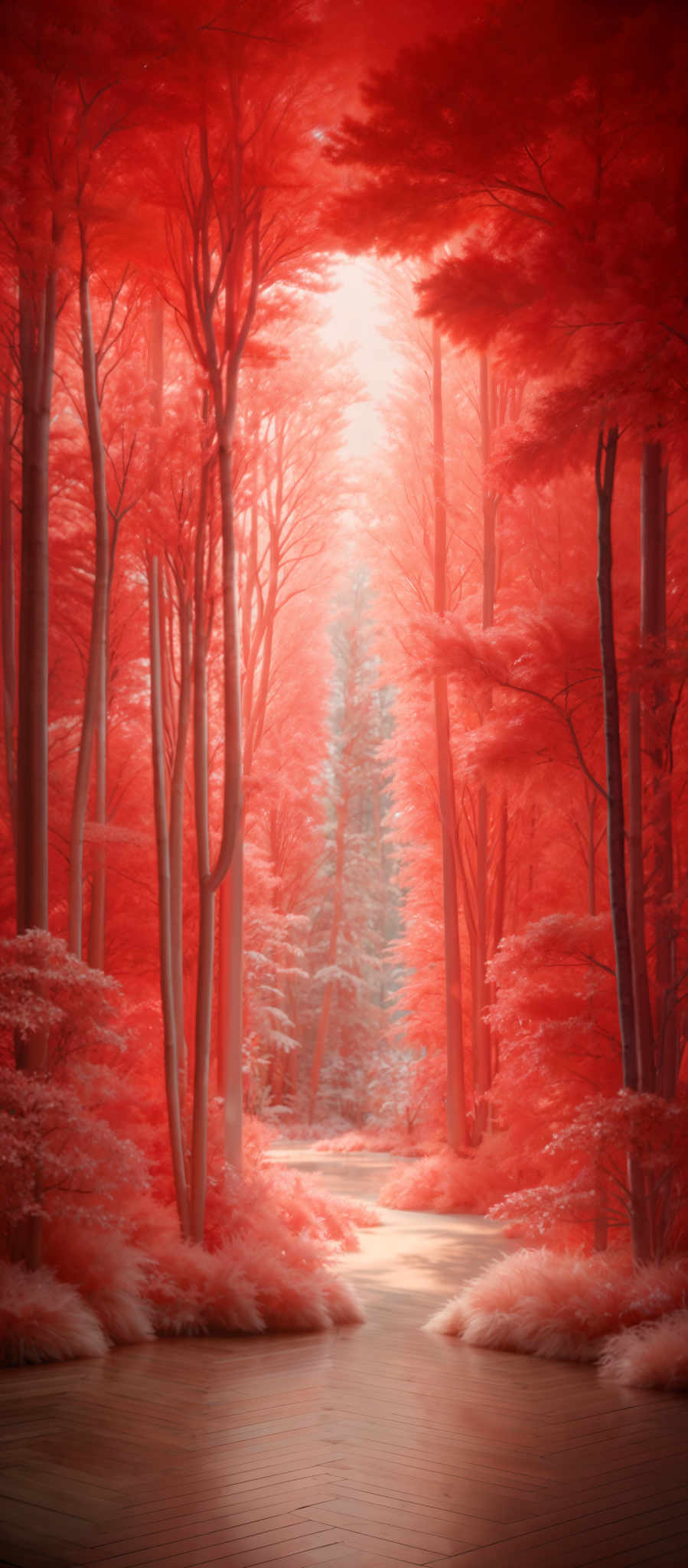 The image showcases a serene forest scene with tall trees, their trunks slender and straight. The foliage is vibrant, predominantly in shades of red, with hints of white and green. The ground is covered with a mix of red foliages, white fluffy grass, and a wooden pathway that leads into the distance. The light filtering through the trees creates a warm, ethereal glow, illuminating the scene and adding to its dreamy ambiance.