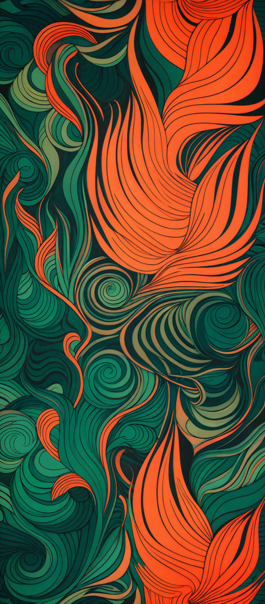 The image showcases a vibrant and intricate pattern with swirling and wavy designs. The dominant colors are shades of green, orange, and black. The swirls are reminiscent of waves or flames, with the orange and green hues creating a sense of movement and energy. The black serves as a contrasting background, making the colors pop and adding depth to the design.