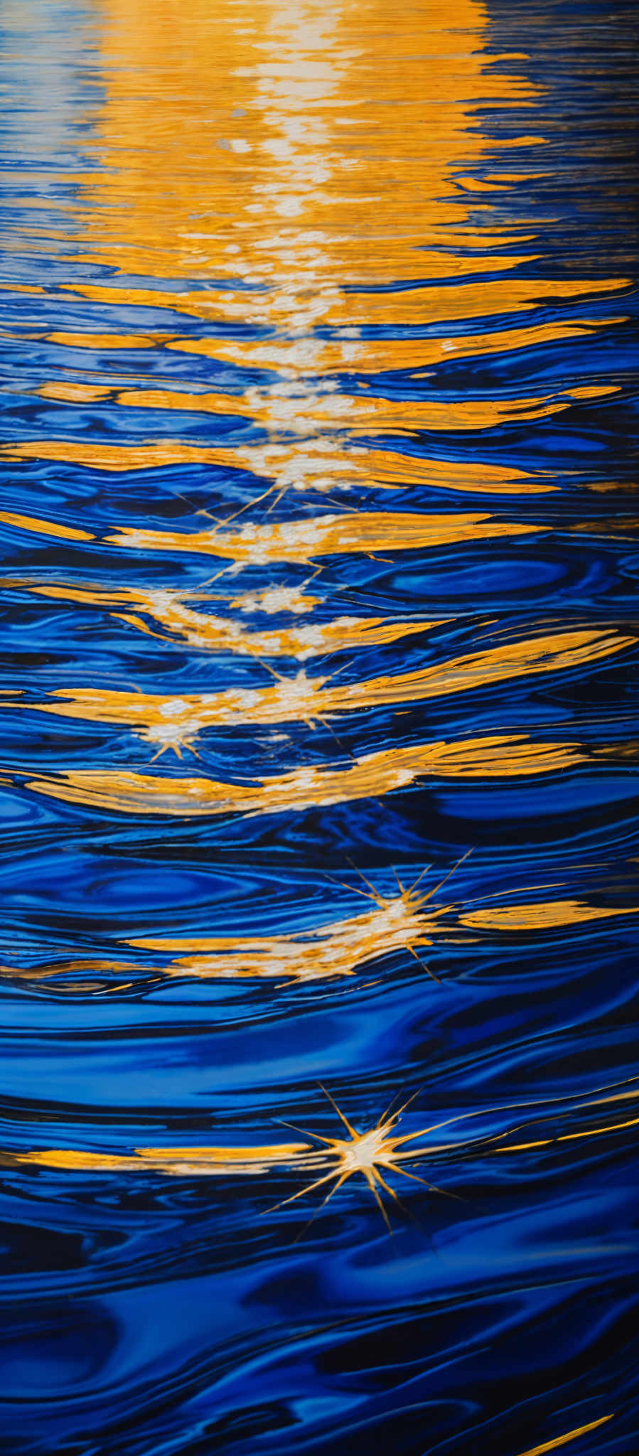 The image showcases a vibrant and captivating scene of water, possibly a lake or sea, reflecting the hues of a sunset or sunrise. The water displays a myriad of colors ranging from deep blue to golden yellow, with the latter being more concentrated towards the top, suggesting the reflection of the sun. The ripples on the water create a series of undulating patterns, and there are bright spots, possibly sunlight reflecting off small particles or debris in the water, creating a sparkling effect.