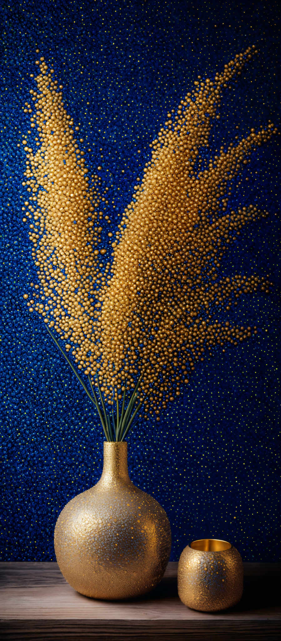 The image showcases a vibrant blue background with a dense arrangement of small, golden-yellow dots. In the foreground, there's a gold vase with a unique, bulbous shape. From the vase, a branch extends with a profusion of golden-colored, spherical elements, resembling a cascading waterfall or a burst of floral blossoms. Beside the vASE, there is a smaller, similar gold container.