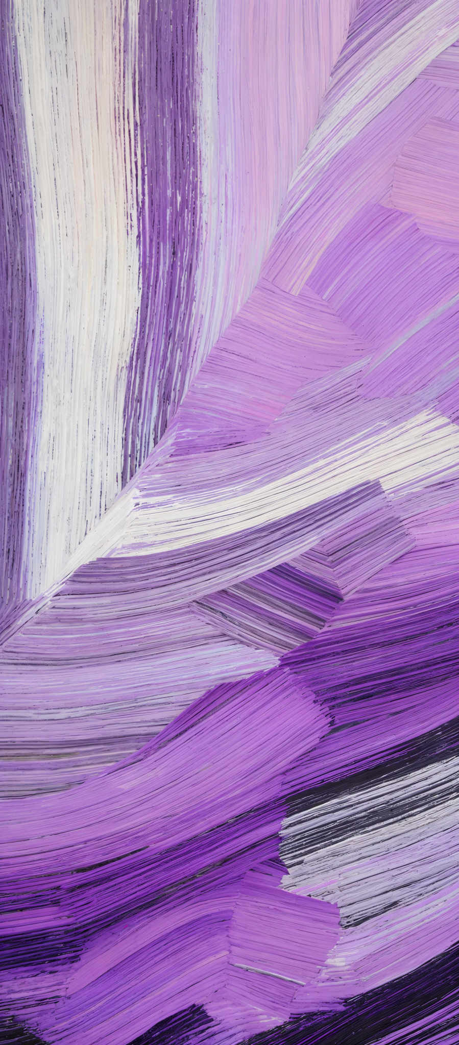 The image showcases a vibrant and intricate pattern of swirling lines and strokes. The dominant colors are varying shades of purple, ranging from light lavender to deep magenta. The strokes are thick and appear to be painted with a palette knife or a similar tool, giving the artwork a textured and tactile quality. The overall shape is reminiscent of a wave or a flowing river, with the lines curving and intertwining in a harmonious manner.