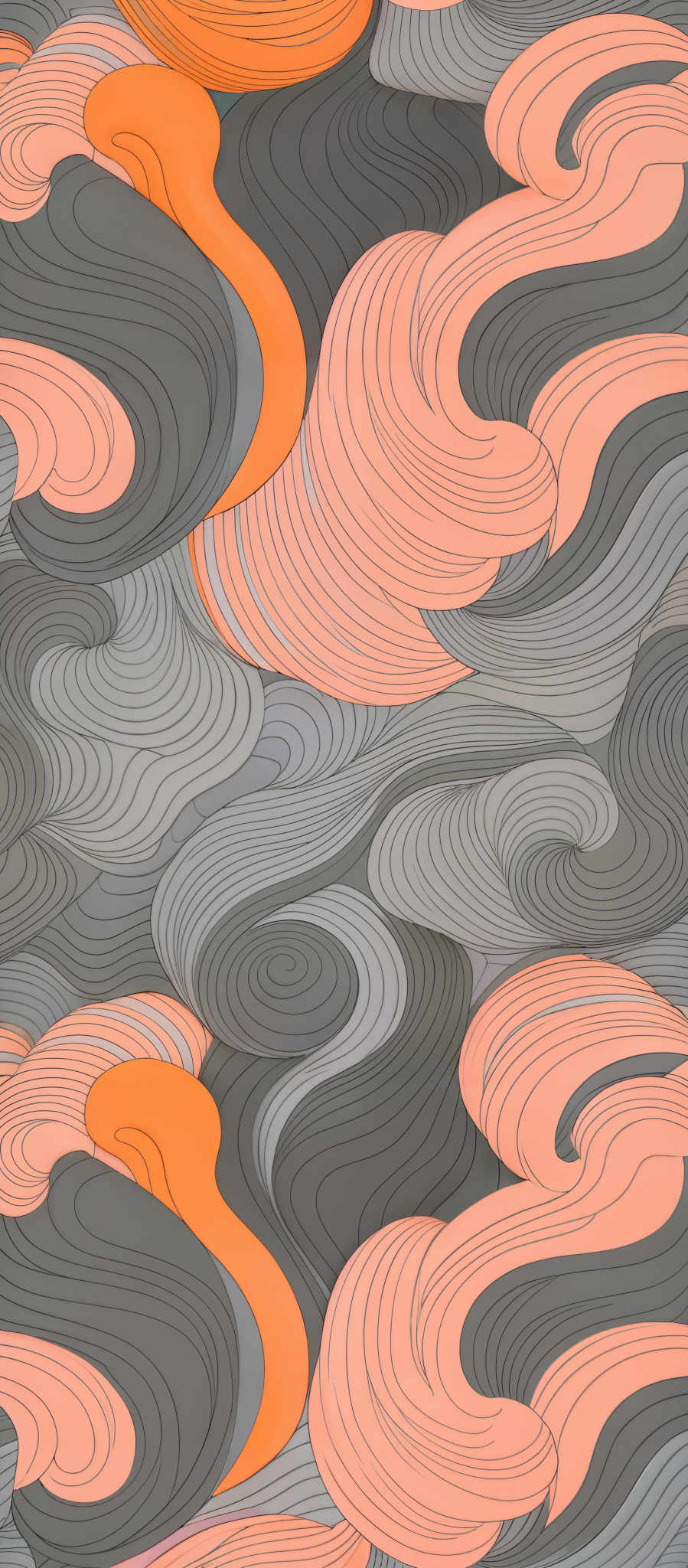 The image showcases an intricate pattern of swirling and wavy lines in various shades of gray, orange, and white. The swirls are interconnected, creating a mesmerizing and almost fluid-like appearance. The color palette is dominated by cool grays, punctuated by warm orange tones, which adds a vibrant contrast to the overall design.