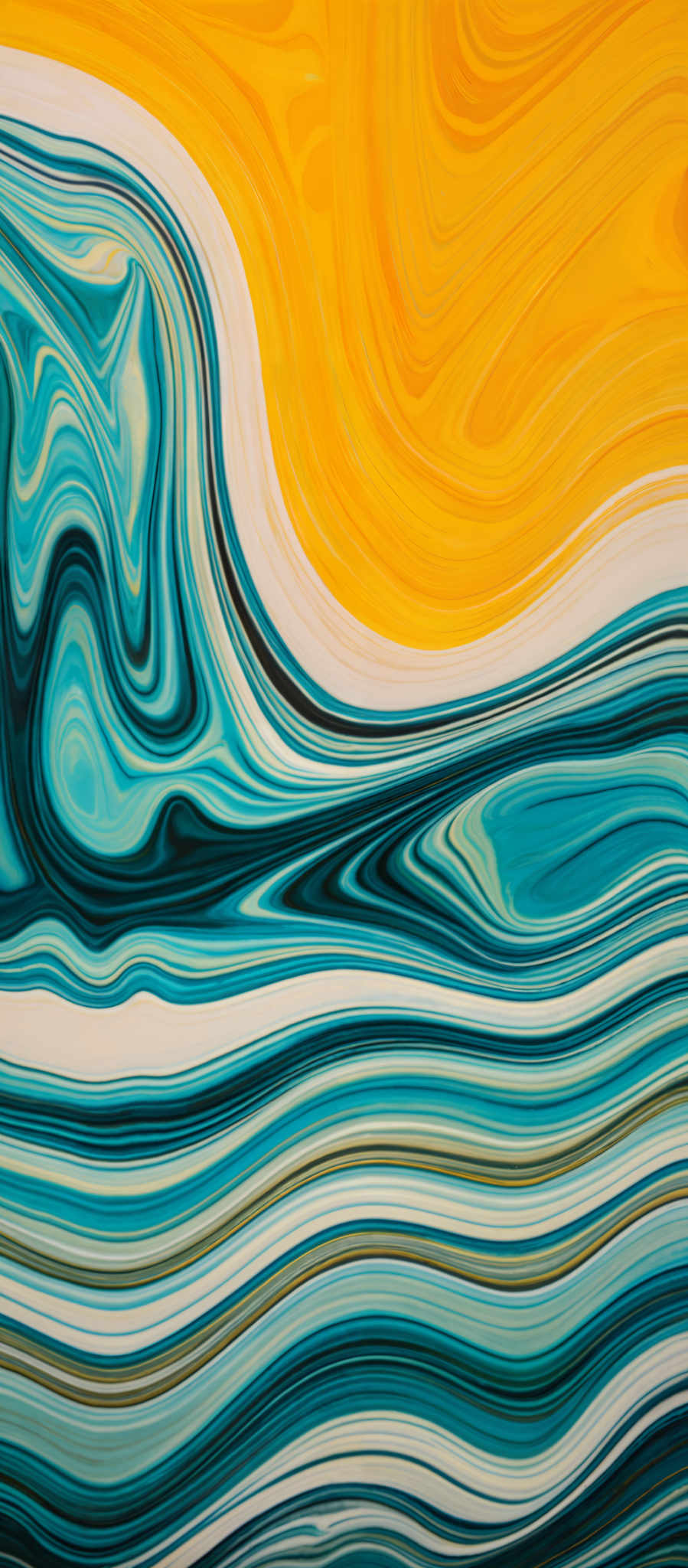 The image showcases a vibrant and intricate pattern of swirling colors. The dominant colors are shades of blue, teal, and yellow. The swirls create a fluid-like appearance, reminiscent of waves or flowing water. The patterns are layered, with some areas having multiple swirls intertwined, while others have a more singular flow. The overall effect is both mesmerizing and calming, evoking feelings of movement and depth.