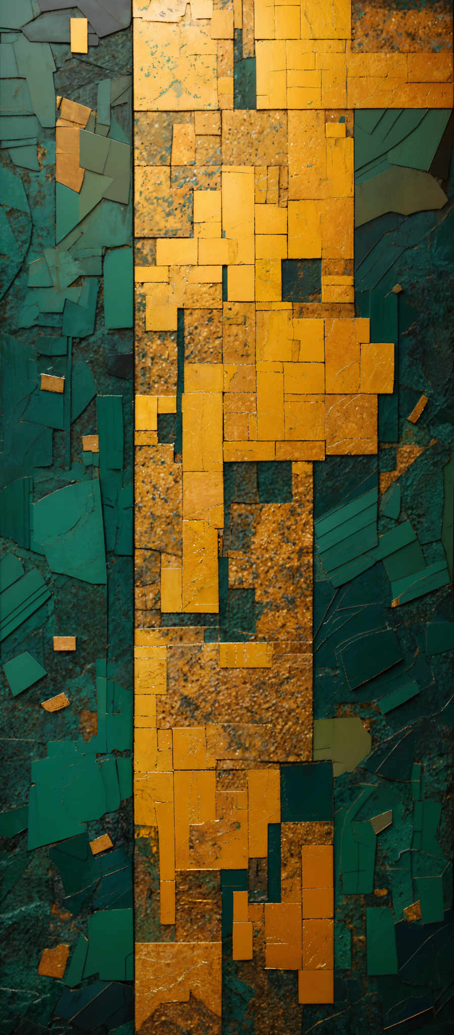 The image showcases an abstract artwork with a predominant use of green and gold colors. The artwork consists of various geometric shapes, predominantly rectangles and squares, interspersed with irregular patterns. The gold rectangles are densely packed in the center, while the green shapes are scattered around, creating a contrast. The texture appears to be rough, with some areas showing signs of wear or aging, adding depth and character to the piece.