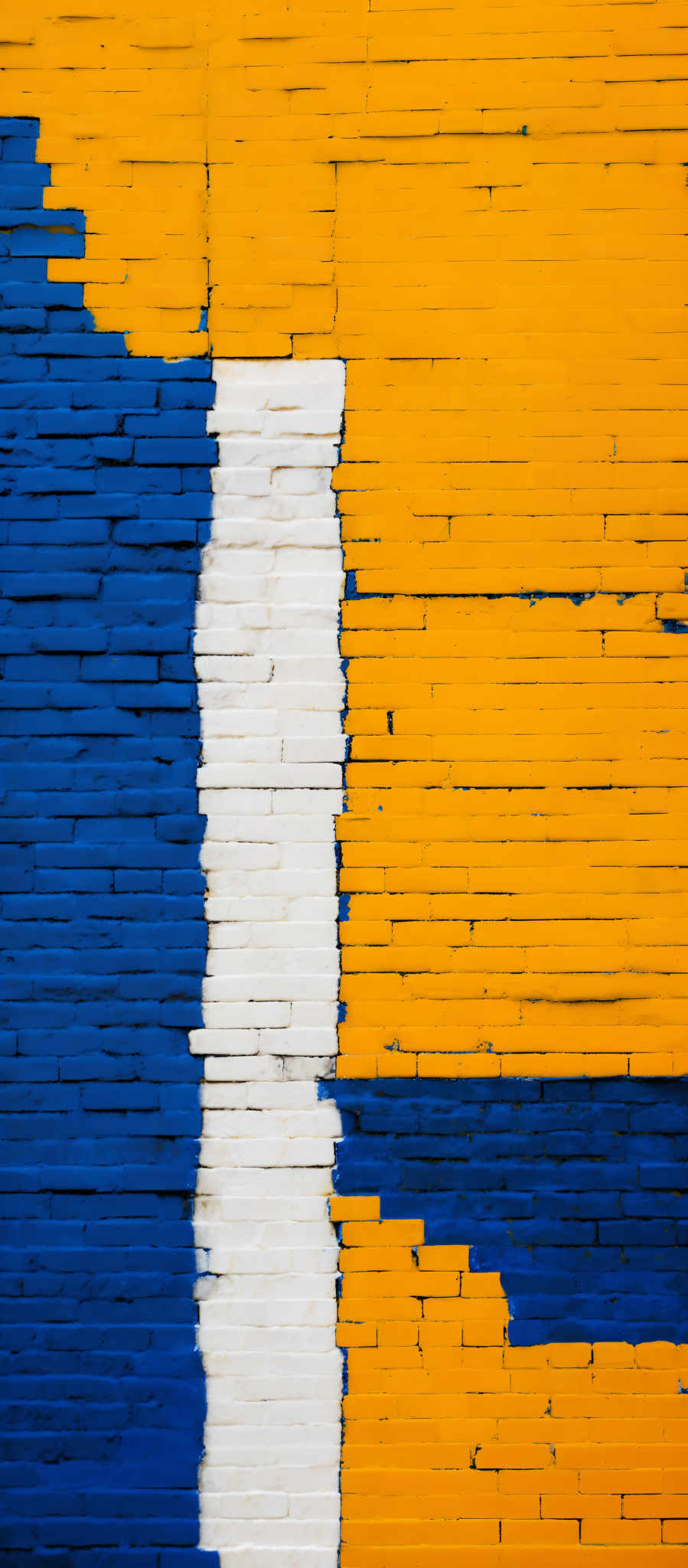 The image showcases a wall with a vibrant and contrasting color scheme. The dominant colors are blue, yellow, and white. The blue and yellow sections are vertically aligned, with the blue on the left and the yellow on the right. The white section is positioned centrally, acting as a dividing line between the two blue and white sections. The bricks in the wall are uneven, with some showing signs of wear and tear, and the paint appears to be peeling in certain areas, revealing the underlying brickwork.