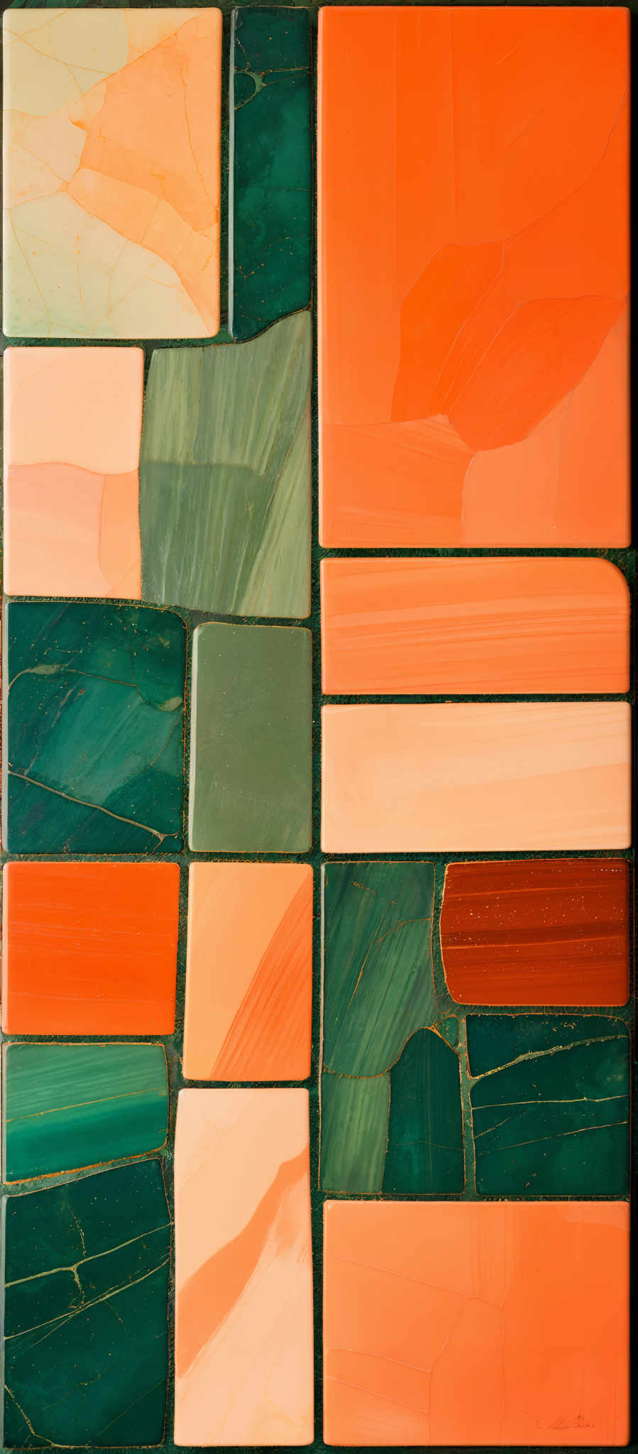 The image showcases a collection of rectangular tiles arranged in a grid format. Each tile has a unique color and texture. The colors range from soft pastels like peach and light green to deeper hues like dark green and burnt orange. The textures vary, with some tiles displaying smooth surfaces, while others have a more marbled or veined appearance. The overall composition gives a sense of abstract art, reminiscent of a mosaic or a segmented painting.