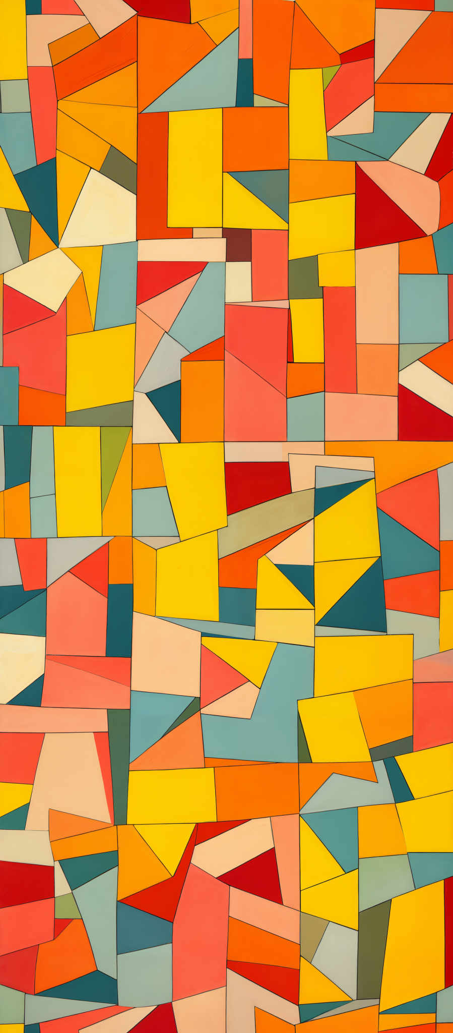 The image showcases an abstract artwork composed of various geometric shapes. The predominant colors are shades of yellow, orange, red, and blue. The shapes are fragmented into rectangles, triangles, and other geometric forms, arranged in a seemingly random pattern. The artwork gives an impression of a mosaic or a puzzle, with each shape having its unique color and size.