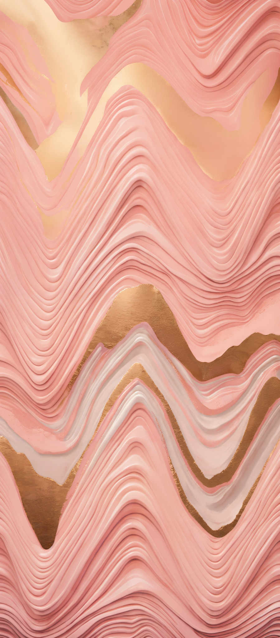 The image showcases a vibrant and intricate design with wavy patterns. The predominant colors are shades of pink, gold, and white. The wavy lines create a flowing and layered appearance, reminiscent of marble or waves in water. The gold accents add a touch of luxury and contrast to the predominantly pink background.