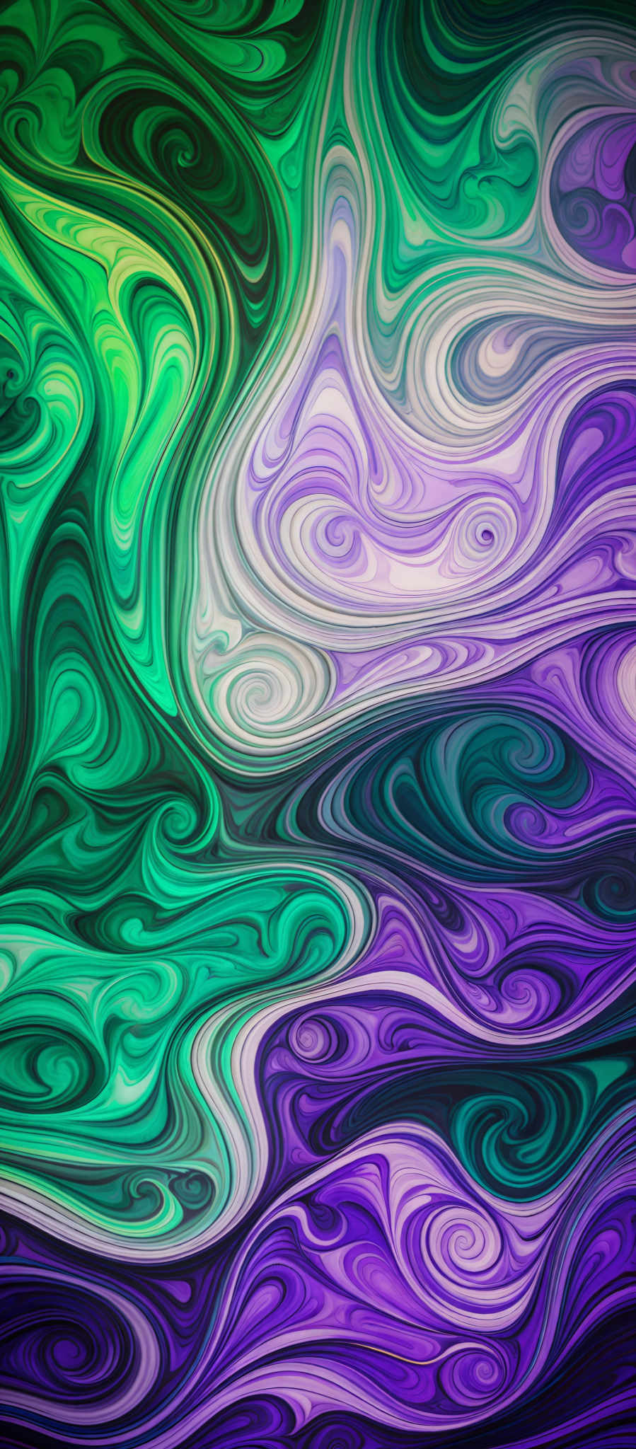 The image showcases a vibrant and intricate pattern of swirling colors. The dominant colors are shades of green, purple, and a hint of yellow. The swirls are fluid and wavy, resembling the flow of water or the movement of clouds. The patterns are layered, with some areas having multiple swirls intertwined, creating a mesmerizing effect.