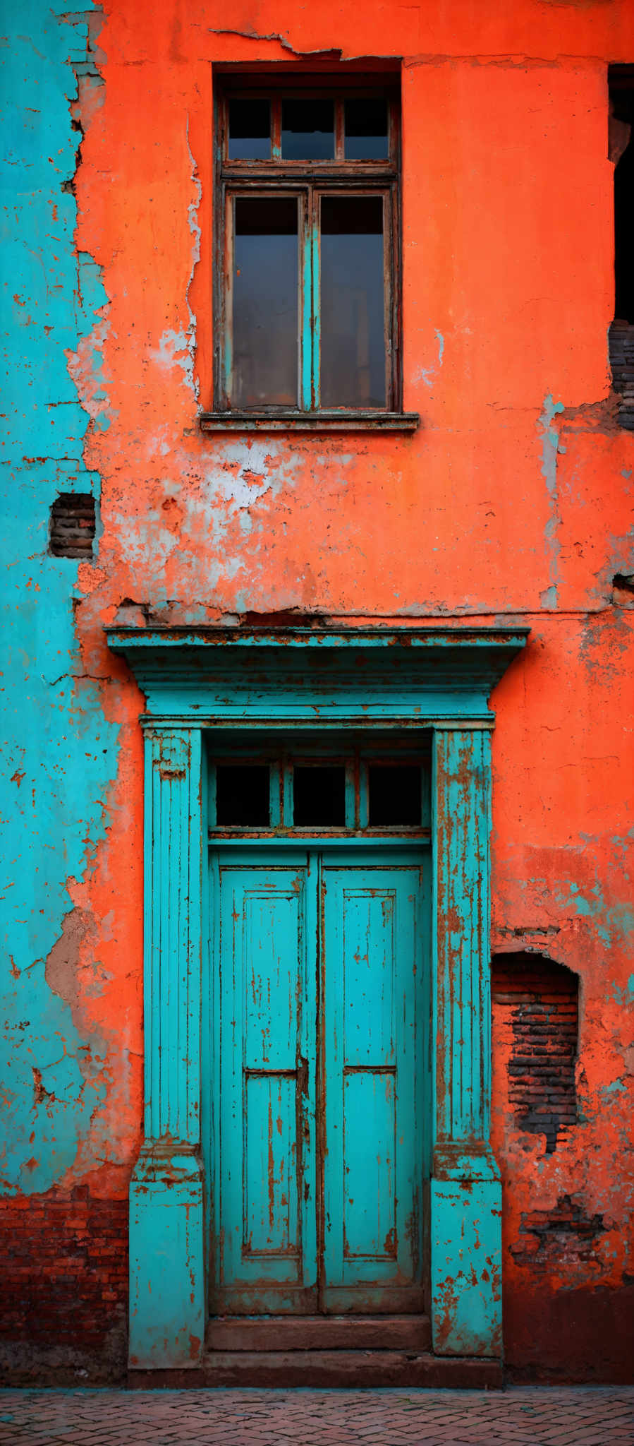 The image showcases a building with a vibrant and contrasting color palette. The main structure is painted in a bright orange hue, which is peeling in places, revealing the underlying brickwork. Above the door, there's a window with a wooden frame that also displays signs of wear and tear. The door itself is a striking shade of turquoise, with a slightly weathered appearance. The ground is made of brick, and the entire scene exudes a sense of age and history.