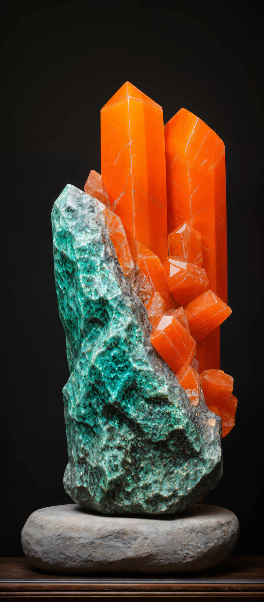 The image showcases a mineral or crystal formation. The dominant color is a vibrant orange, reminiscent of a gemstone. The crystals are sharp and have a geometric shape, with some appearing as elongated prisms and others as smaller, cubed formations. They are attached to a larger rock or matrix that has a turquoise-green hue, with a rough texture and uneven surface. The rock's base is attached to what appears to be a wooden surface.