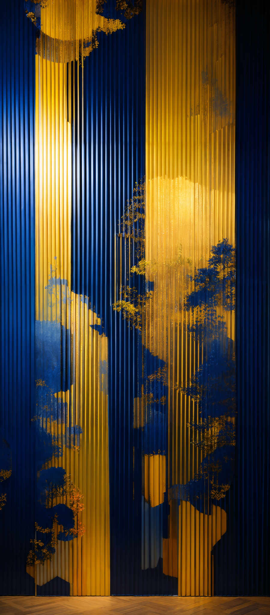 The image showcases a textured wall with vertical lines. The predominant colors are deep blue and gold. The gold appears as vertical streaks, interspersed with areas of blue that seem to depict abstract forms, possibly resembling trees or foliage. The texture of the wall gives it a rich, tactile quality, and the interplay of colors creates a sense of depth and dimension.