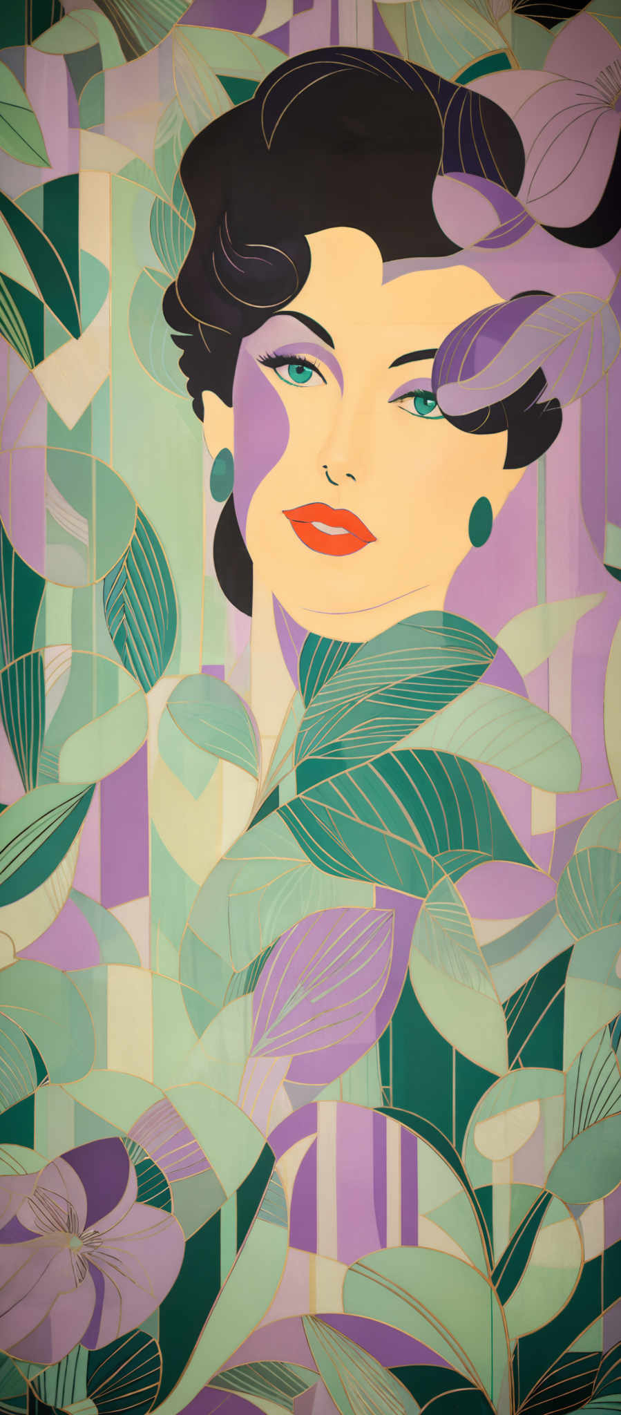 The image showcases a stylized portrait of a woman surrounded by abstract patterns. The woman has dark hair styled in waves, prominent red lips, and striking blue eyes. She is adorned with large, round earrings. The background consists of various shades of green, purple, and blue, with abstract shapes resembling leaves and flowers. The overall color palette is vibrant and evokes a sense of modern art.