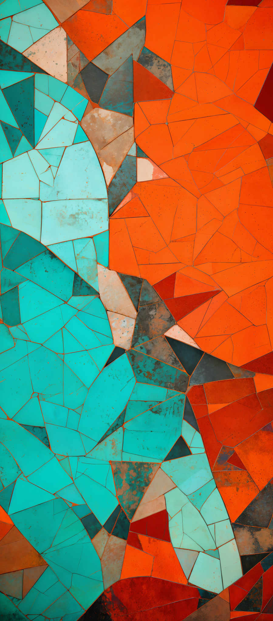 The image showcases a mosaic of geometric shapes, predominantly in shades of orange, teal, and brown. The shapes are fragmented and appear to be broken tiles or pieces, reminiscent of a broken pottery or a fragmented landscape. The teal tiles have a smooth texture, while the orange tiles exhibit a more rugged appearance. The brown tiles add depth and contrast to the composition.