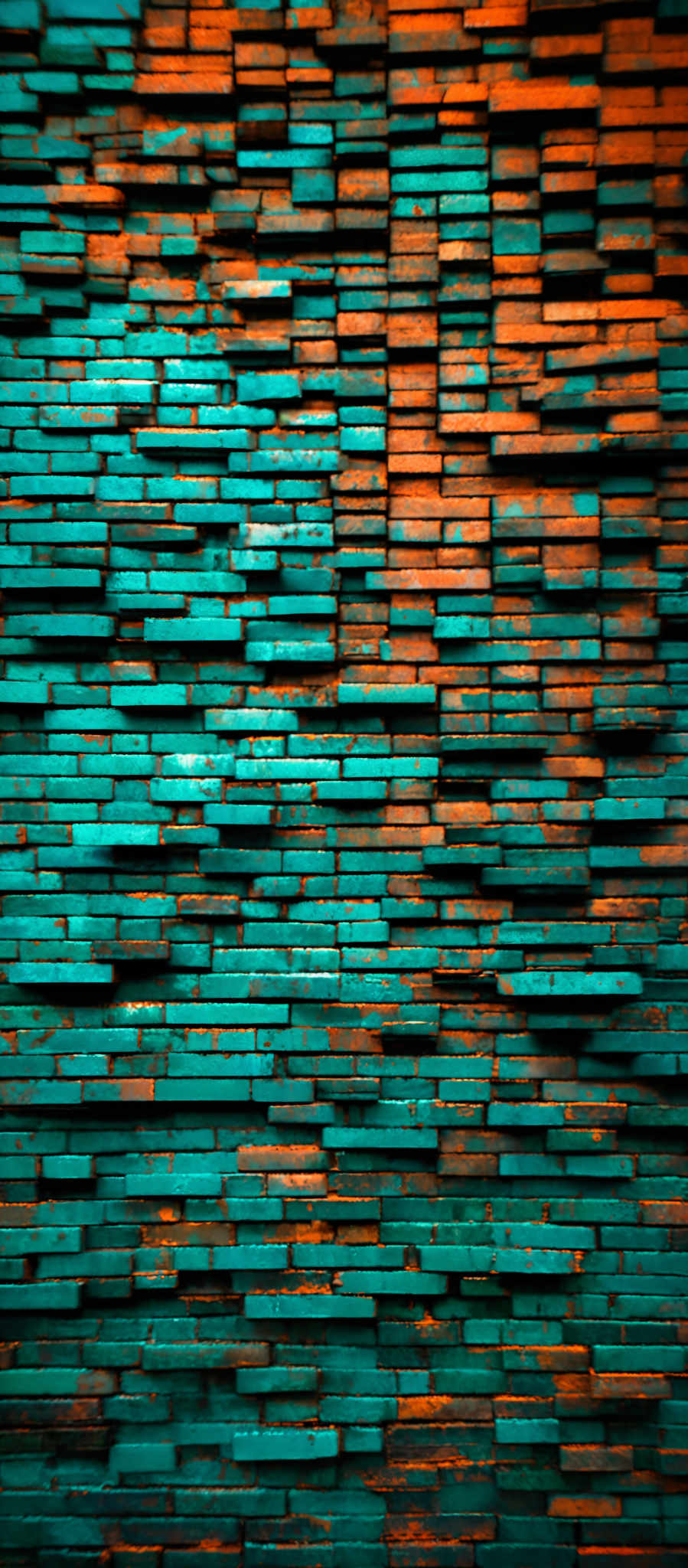 The image showcases a wall made up of numerous rectangular bricks. These bricks vary in color, predominantly in shades of blue and turquoise, with some showing signs of wear and aging, evident from the faded paint and rusty patches. The arrangement of the bricks creates a layered effect, with each brick slightly overlapping the one below it, giving the wall a textured and multi-dimensional appearance.