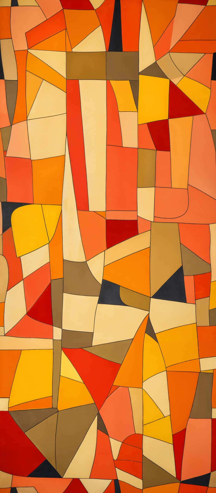 The image showcases an abstract artwork with a myriad of geometric shapes. The predominant colors are shades of orange, yellow, red, and beige. The shapes are fragmented and reminiscent of cubes and rectangles, interlaced in a complex pattern. The artwork seems to evoke a sense of movement and dynamism, with the overlapping and juxtaposition of the shapes creating depth and dimension.