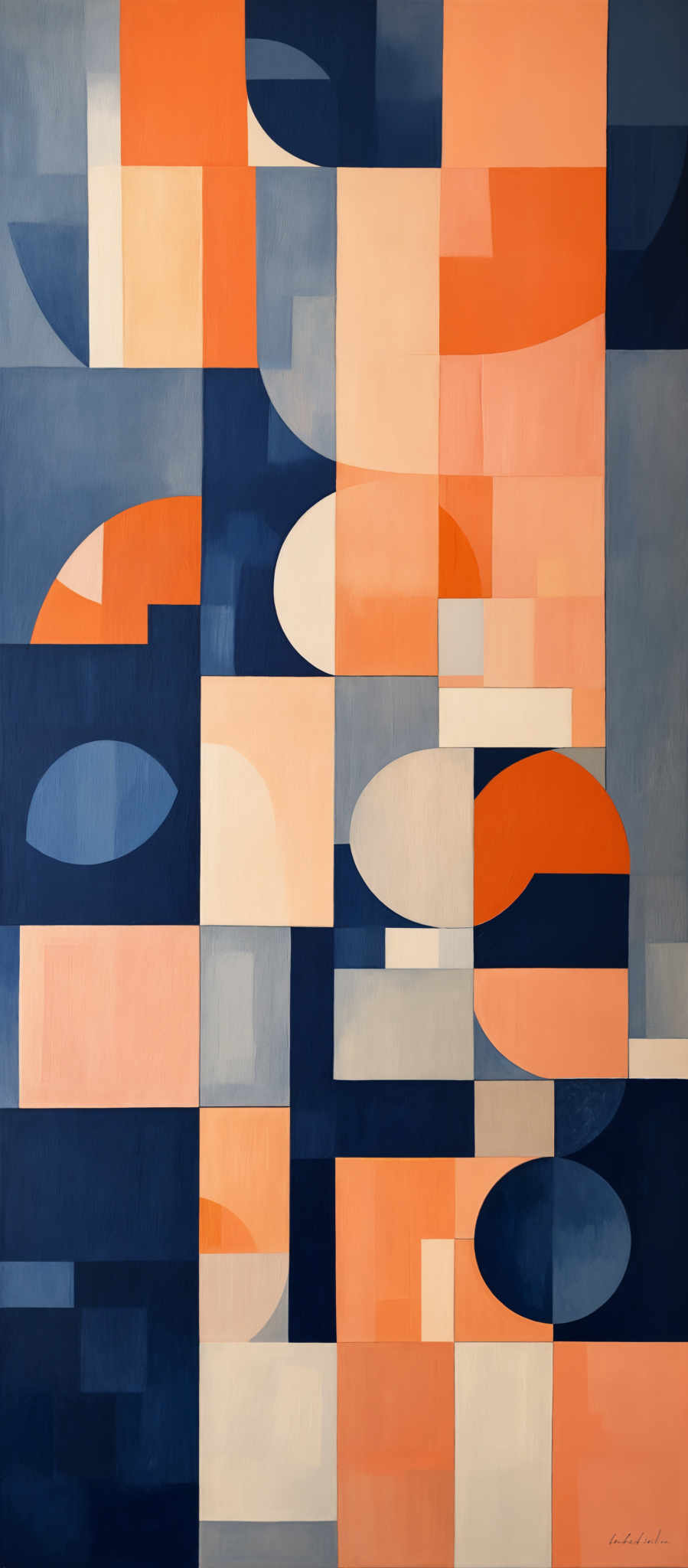 The image showcases an abstract artwork with a combination of geometric shapes and colors. The dominant colors are shades of blue, orange, and white. The shapes include rectangles, squares, and semi-circles. The artwork seems to be composed of various blocks and layers, creating a sense of depth and dimension.