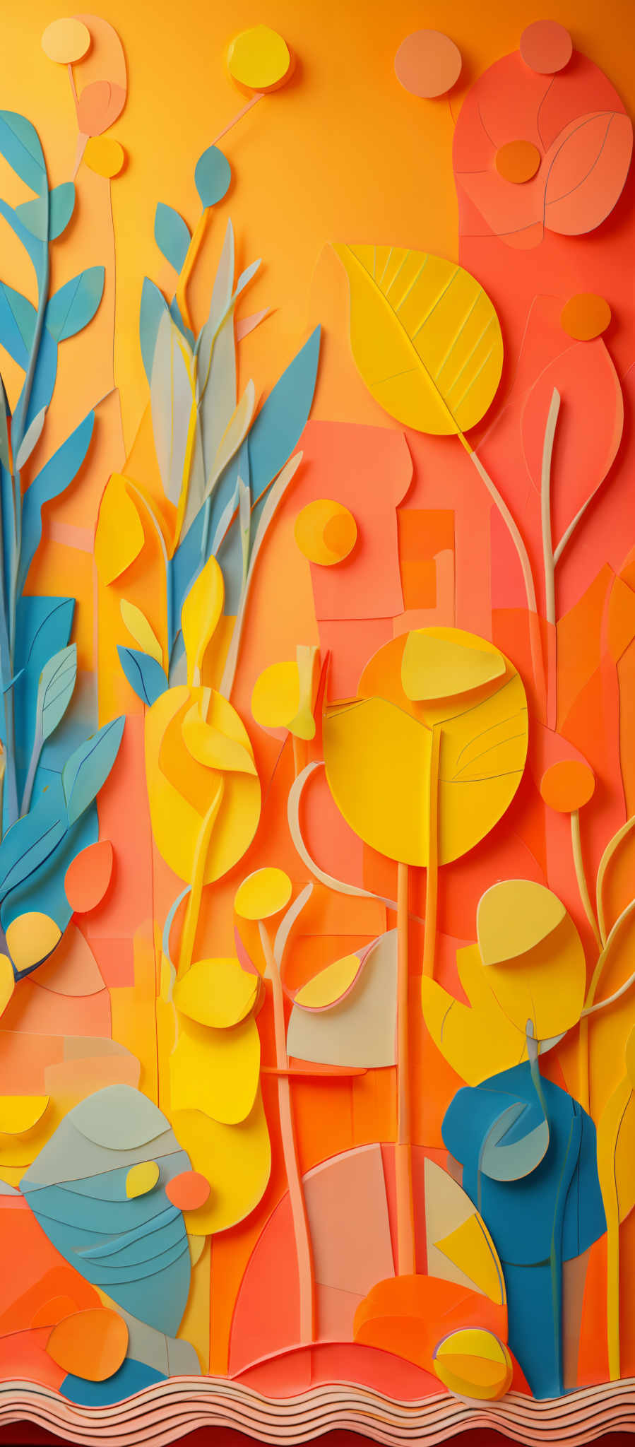 The image showcases a vibrant and colorful arrangement of abstract shapes and forms. The predominant colors are shades of orange, yellow, and blue. The shapes resemble leaves, flowers, and organic elements, with a modern, artistic twist. The composition is layered, with some shapes overlapping others, creating depth and dimension. The overall feel is playful and imaginative, reminiscent of a whimsical garden or underwater scene.