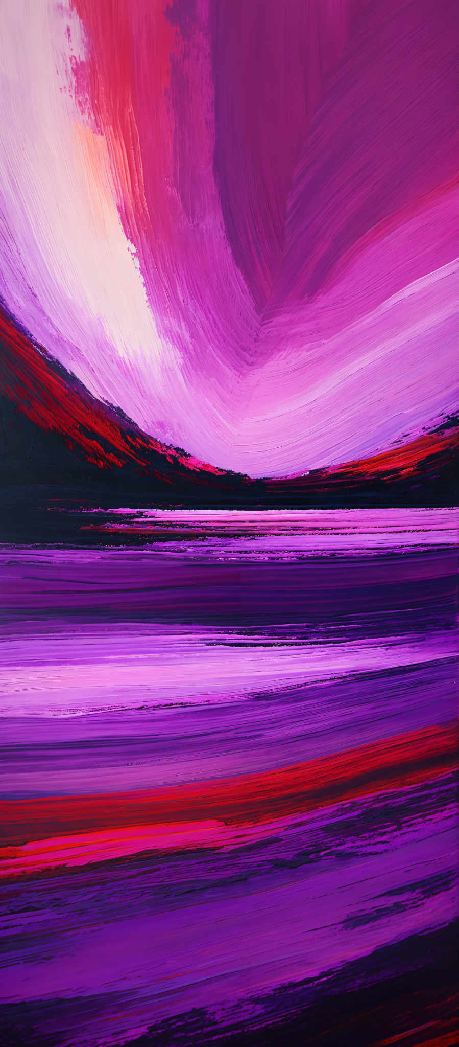 The image showcases a vibrant and abstract representation of a landscape. Dominated by hues of purple, pink, and red, the upper portion appears to depict a swirling sky or a sunset, with streaks of white and darker shades suggesting movement or perhaps the play of light. The middle section presents a horizon line, with the colors transitioning from the fiery reds and pinks of the sky to the cooler purples and blues of what might be a body of water or land. The lower portion of the image is characterized by horizontal stripes of varying shades of purples, blues, and a touch of red, giving the impression of a serene waterfront or beach.