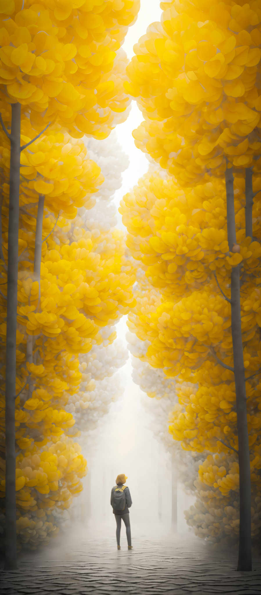 The image showcases a breathtaking view of a forest during autumn. The trees are adorned with vibrant yellow leaves, creating a canopy that almost touches the ground. The leaves are shaped like round, overlapping petals, giving the forest a dreamy and ethereal appearance. The ground is covered with a patterned stone pathway, leading the viewer's eye towards a misty, white-lit distance. In the foreground, a solitary figure stands, gazing into the distance, adding a sense of scale and wonder to the scene.