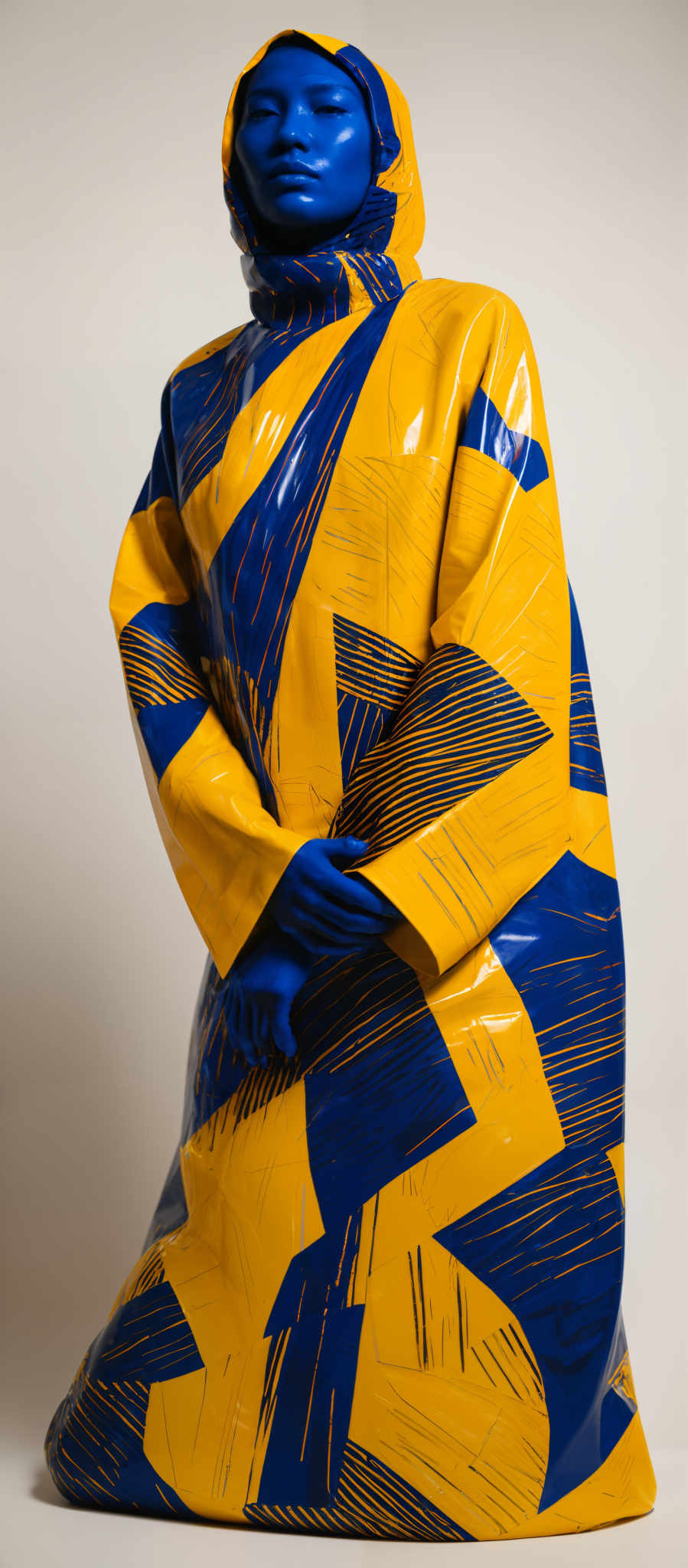 The image showcases a figure draped in a vibrant yellow garment with intricate blue patterns. The figure's face is painted a deep blue, contrasting starkly with the yellow attire. The garment has a hood, and the figure appears to be seated or kneeling. The patterns on the garment are geometric, with lines and shapes that seem to overlap and intertwine.