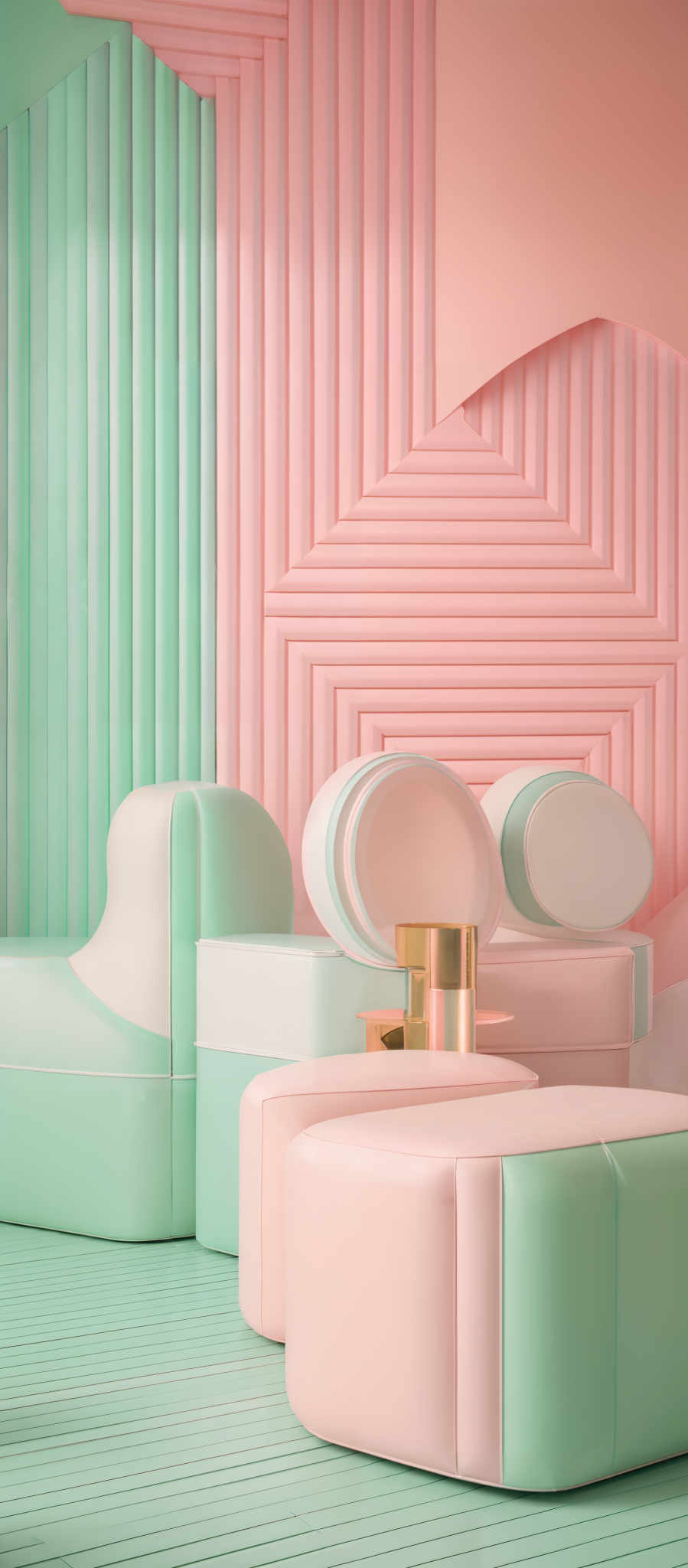 The image showcases a room with a pastel color palette. Dominant colors include soft pink, mint green, and light beige. The room features unique, sculptural furniture pieces, such as a large, rounded ottoman in beige and mint green. There are also other geometric-shaped furniture items, including a white, oval-shaped table with a golden cylindrical object on top. The walls are adorned with vertical ridges in varying shades of pink and mint, creating a textured appearance. The floor is wooden with a striped pattern.