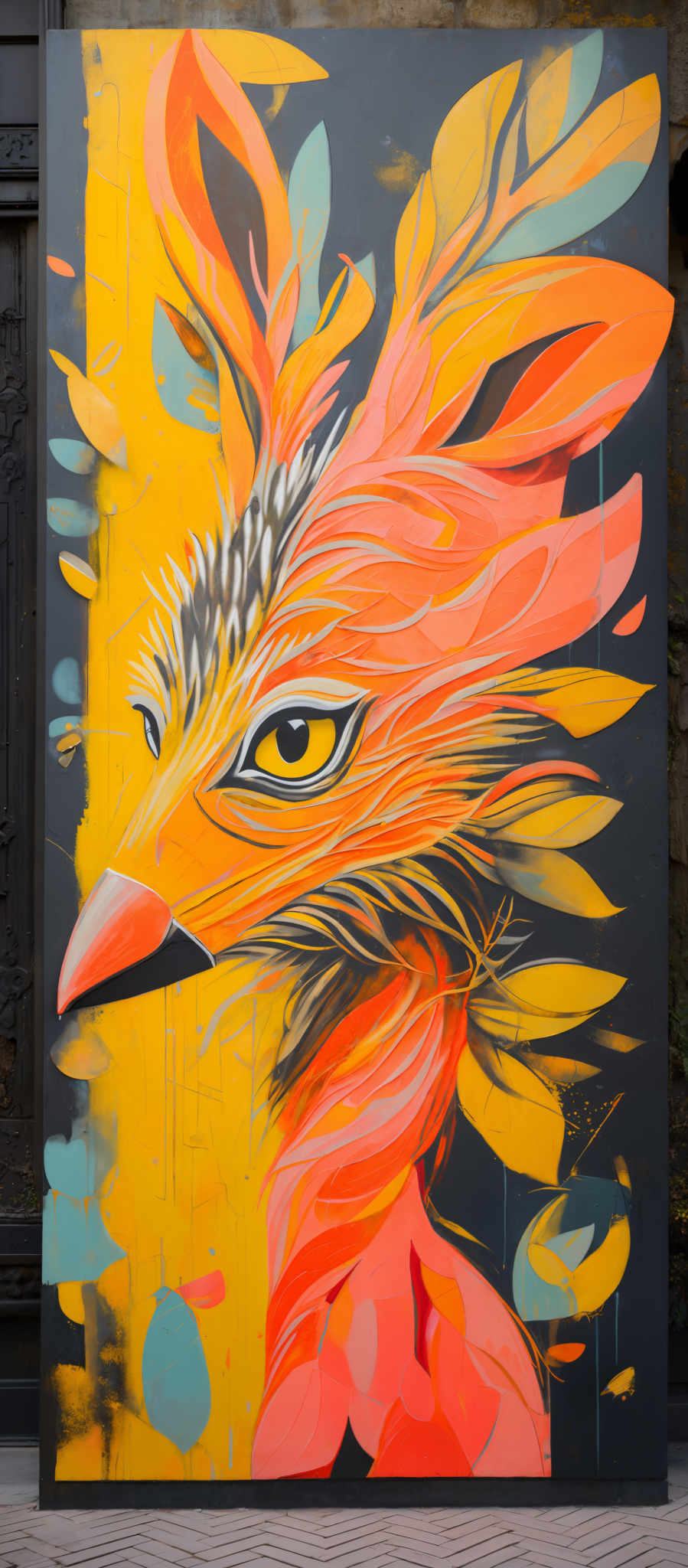 The image showcases a vibrant and colorful mural of a bird-like creature. The bird has a striking yellow eye, surrounded by intricate feather patterns in shades of orange, red, and white. The background is a mix of dark and light hues, with abstract shapes and patterns that complement the bird's design. The overall mood of the mural is energetic and dynamic.