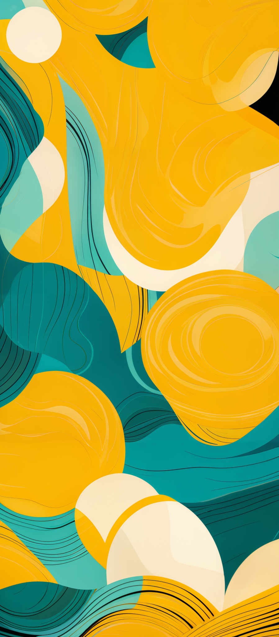 The image showcases an abstract artwork with a vibrant color palette. Dominant colors include shades of yellow, teal, and white. The shapes are fluid and organic, resembling waves or swirls. The yellow forms large, wavy patterns, while the teal shapes are more compact and interspersed throughout. The white shapes add contrast and balance to the composition.