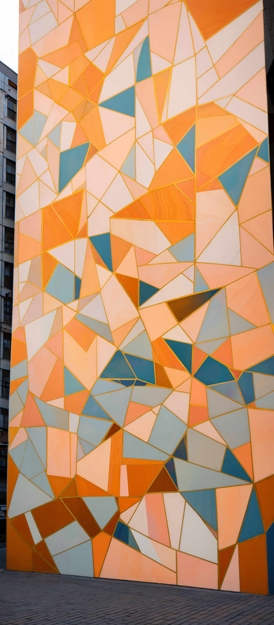 The image showcases a large wall or structure adorned with a geometric pattern. The pattern consists of various shades of orange, peach, and light blue, forming a mosaic of triangles and other polygons. The colors are vibrant and give a sense of warmth. The shapes are irregular, with some triangles overlapping others, creating a dynamic and visually appealing design.