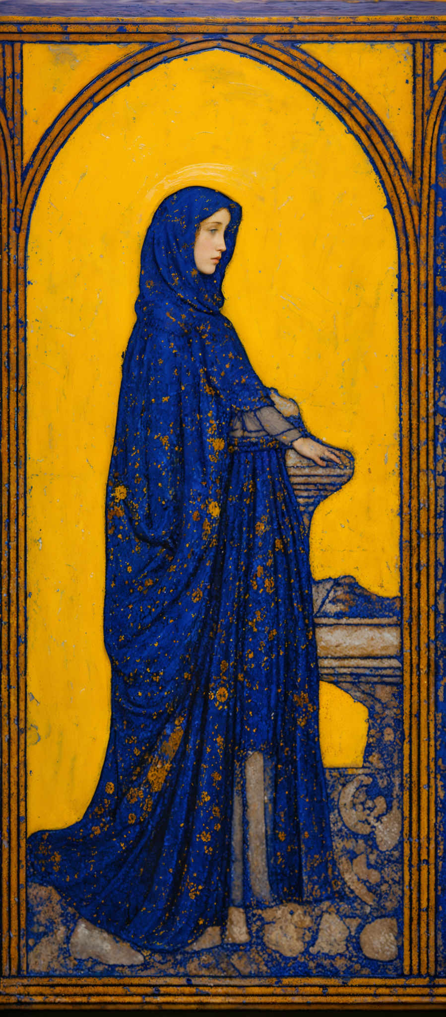 The image showcases a figure draped in a long, flowing blue robe with speckled patterns. The figure is set against a vibrant yellow background. The robe is adorned with golden patterns, possibly representing stars or flecks of light. The individual's face is partially visible, and they appear to be gazing downwards. The person is also wearing a hood that covers most of their head, with only a small portion of their hair peeking out. To the right of the figure, there's a stone or rocky structure, and the entire image is framed within an arched golden border.