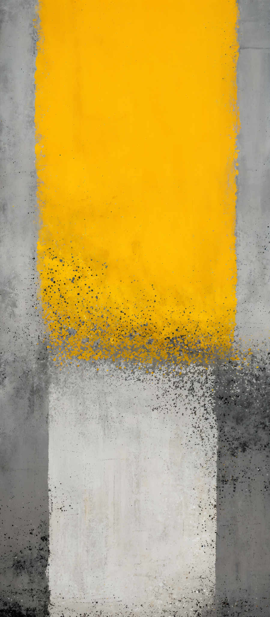 The image showcases a rectangular canvas divided into three distinct sections. The top section is a vibrant yellow, almost resembling a vertical rectangle. The middle section transitions from yellow to a gradient of gray, with a speckled texture that gives it a weathered or aged appearance. The bottom section is gray, almost mirroring the top section but with a more uniform texture. The entire image has a modern, abstract feel, and the use of contrasting colors creates a visually striking effect.