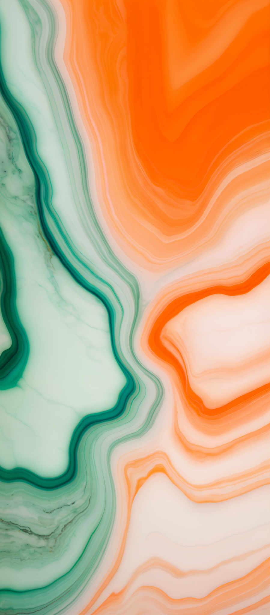 The image showcases a vibrant and intricate pattern of swirling colors. The dominant colors are shades of green, orange, and white. The green and orange create a contrasting yet harmonious blend, reminiscent of marbled agate or fluid art. The white provides a neutral backdrop, allowing the colors to pop and create a dynamic visual effect. The swirls are fluid and organic, suggesting a natural or abstract representation, possibly of a mineral or a fluid in motion.