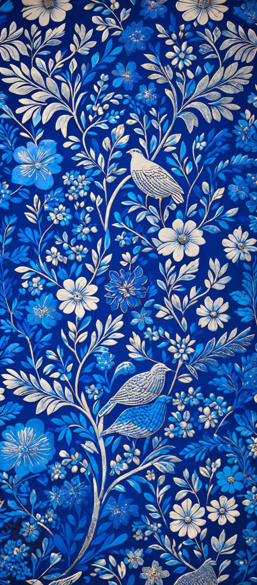 The image showcases a vibrant blue background adorned with intricate white floral patterns. These floral designs are diverse, with some resembling large blossoms while others are smaller flowers or buds. Interspersed among the flowers are detailed illustrations of birds, both perched on branches and flying. The birds are depicted in shades of white and blue, complementing the overall color palette. The overall design exudes a sense of harmony and nature.