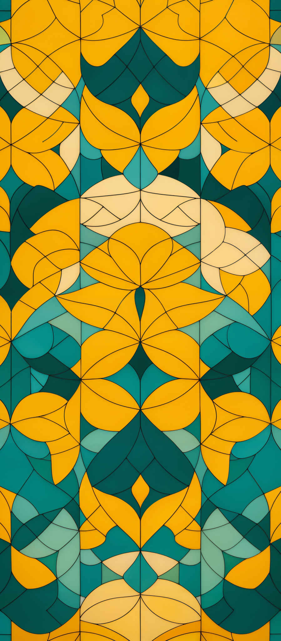 The image showcases a symmetrical pattern with a combination of shapes and colors. The dominant colors are shades of yellow, teal, and white. The shapes resemble interconnected and overlapping petals or leaves, creating a sense of depth and movement. The design is intricate, with each shape having multiple layers and intersecting lines, giving it a dynamic and mesmerizing appearance.